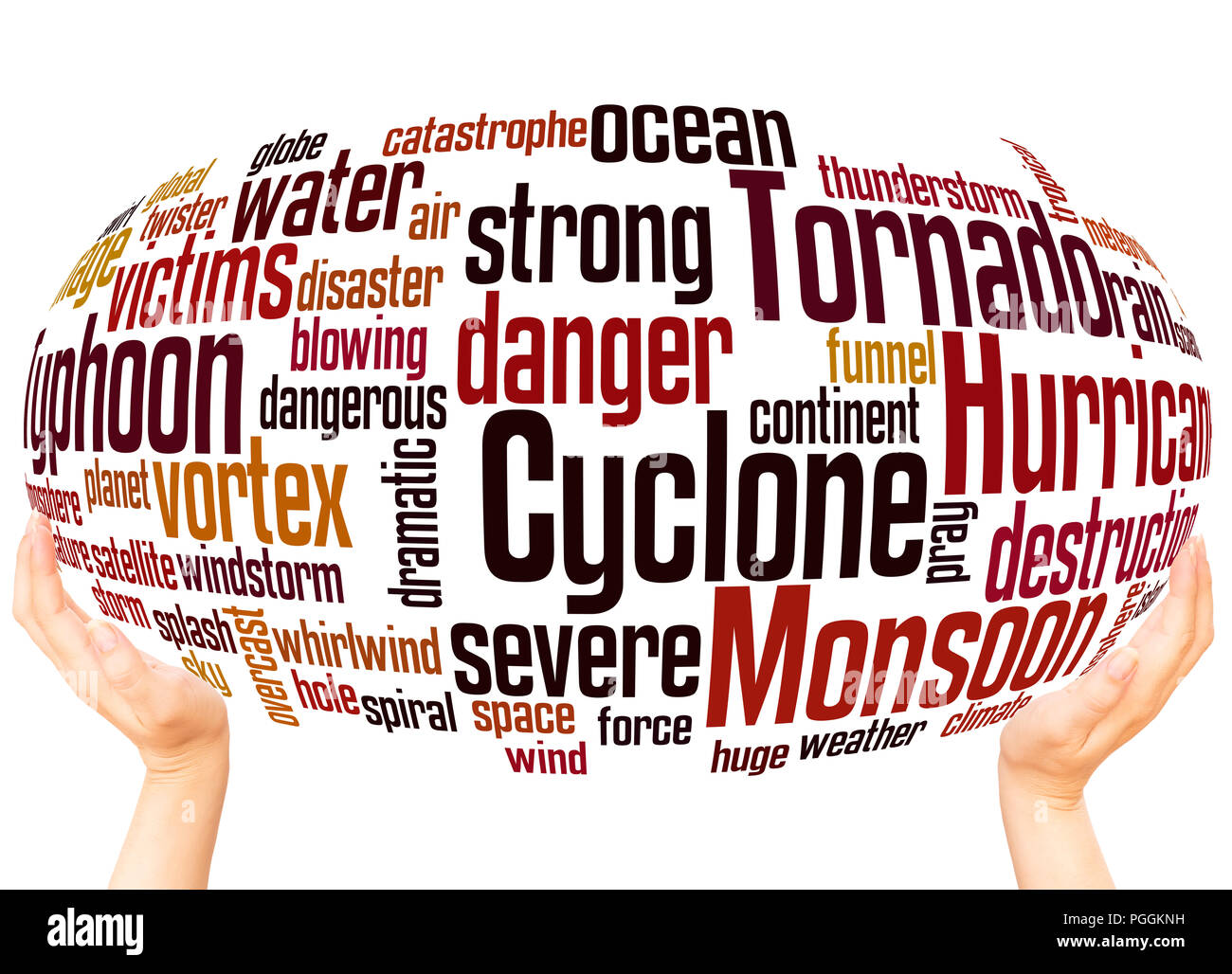 Monsoon Tornado Typhoon Hurricane Cyclone word cloud hand sphere concept on white background. Stock Photo