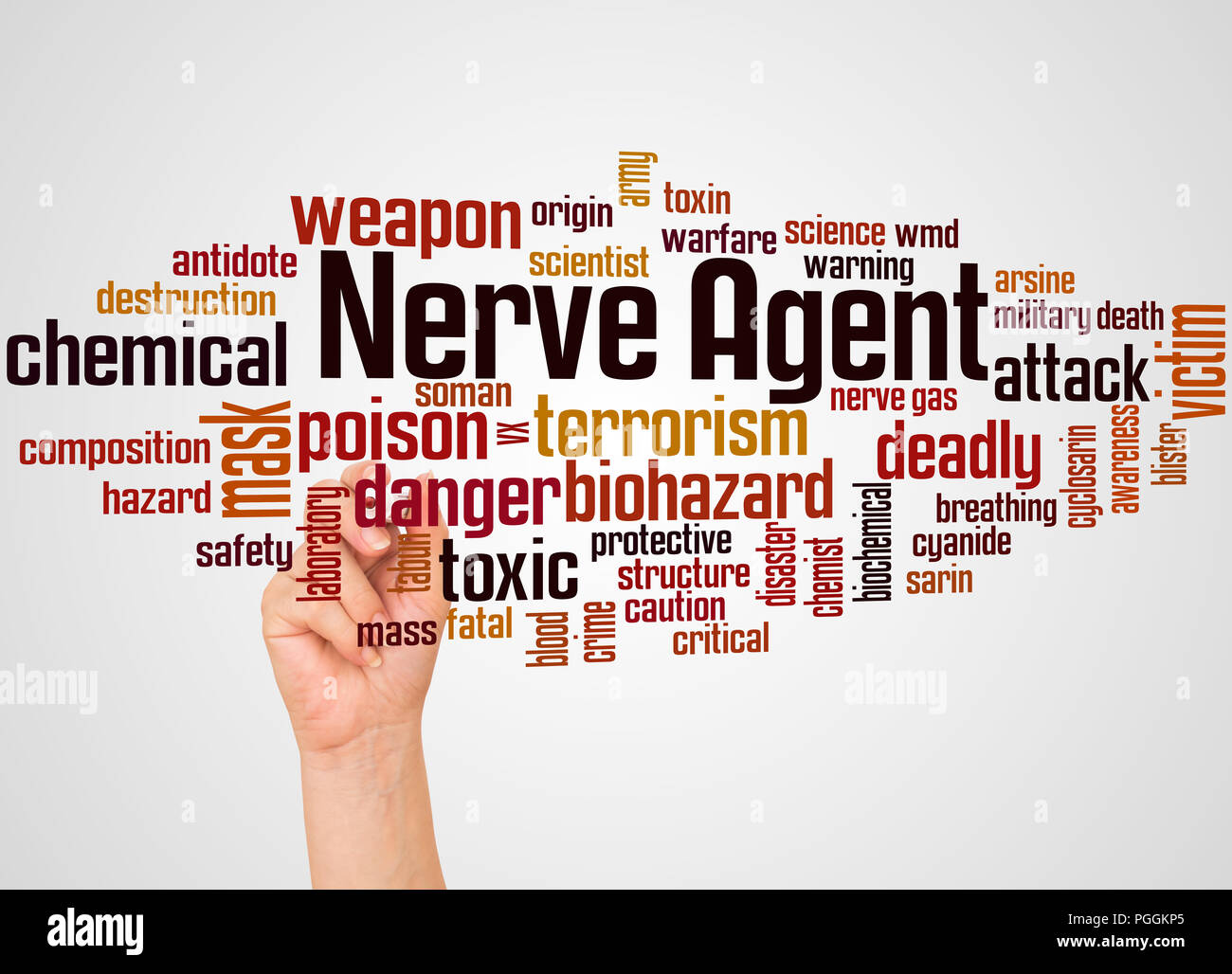 Nerve agent word cloud and hand with marker concept on gradient background. Stock Photo