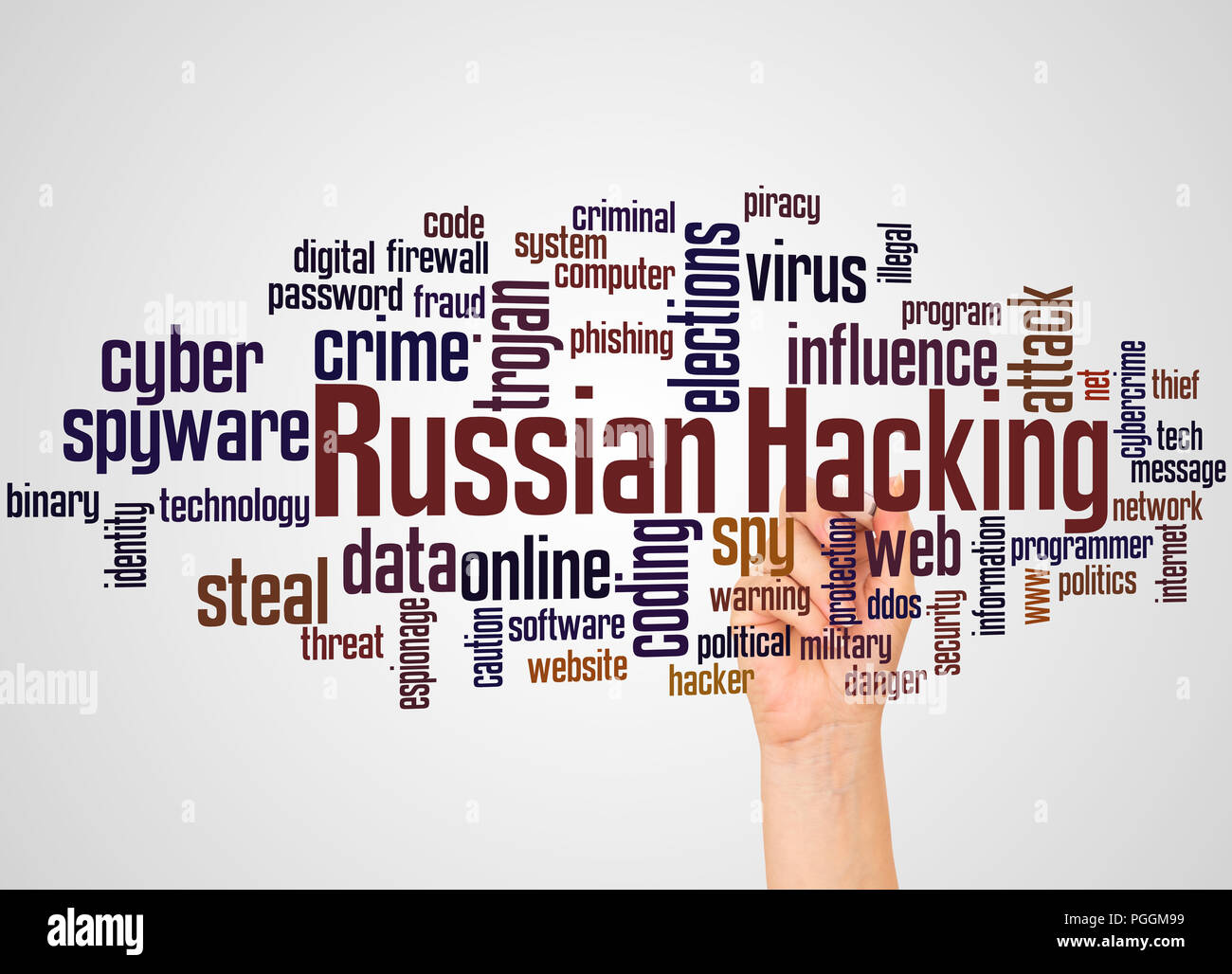 Russian hacking word cloud and hand with marker concept on gradient background. Stock Photo