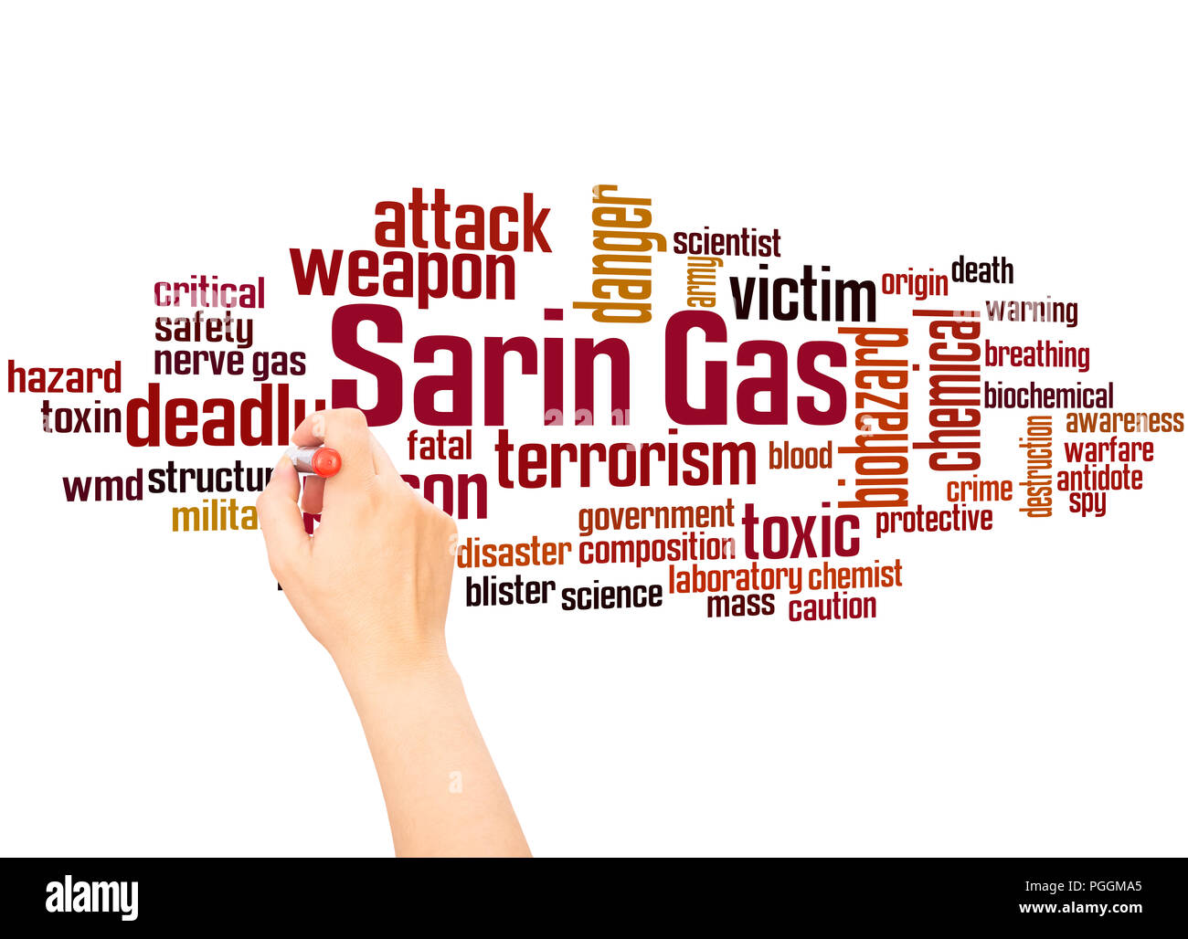 Sarin nerve agent word cloud and hand writing concept on gradient  background. Stock Photo