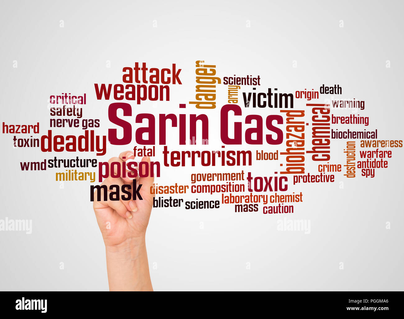 Sarin nerve agent word cloud and hand with marker concept on gradient  background. Stock Photo