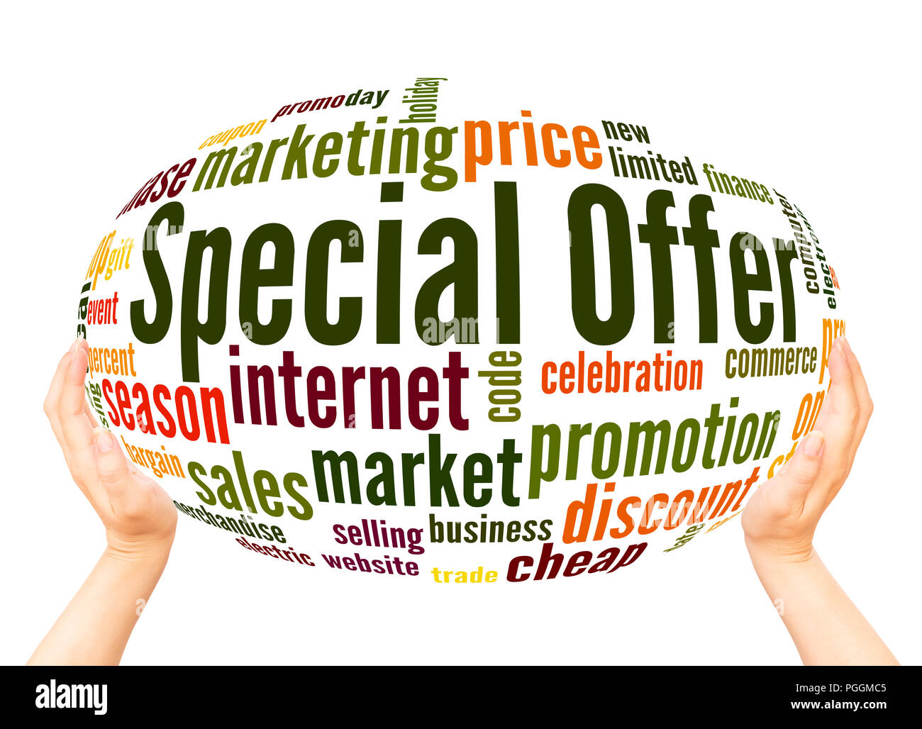Special offer word cloud hand sphere concept on white background. Stock Photo