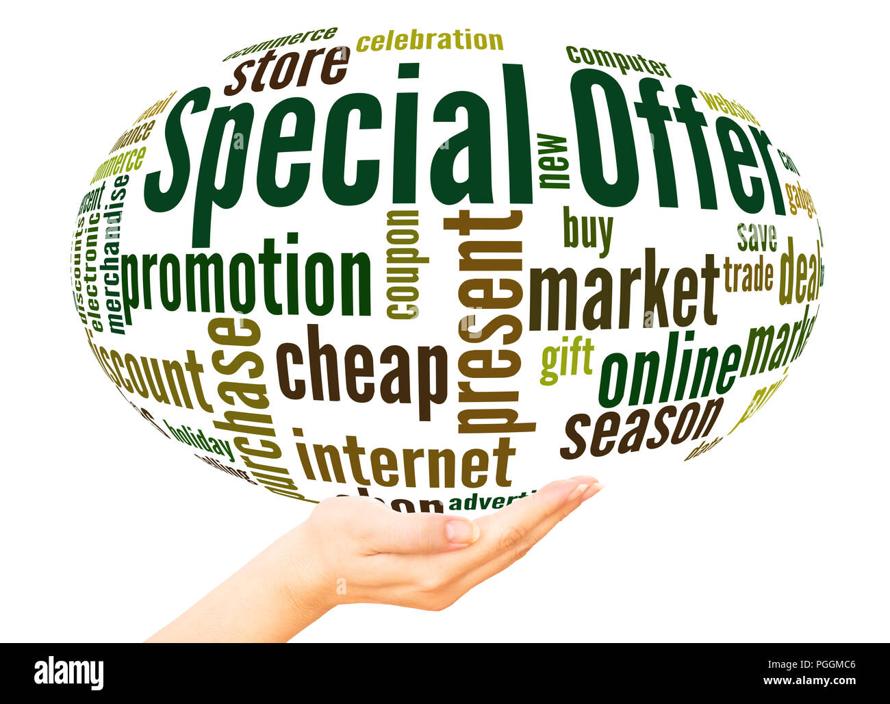 Special offer word cloud sphere concept on white background. Stock Photo