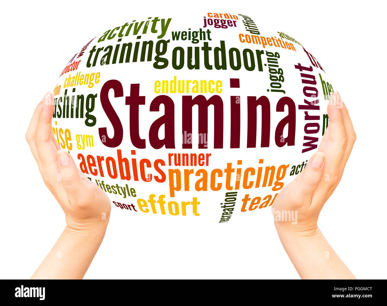 Stamina is staying power or enduring strength, word cloud hand sphere