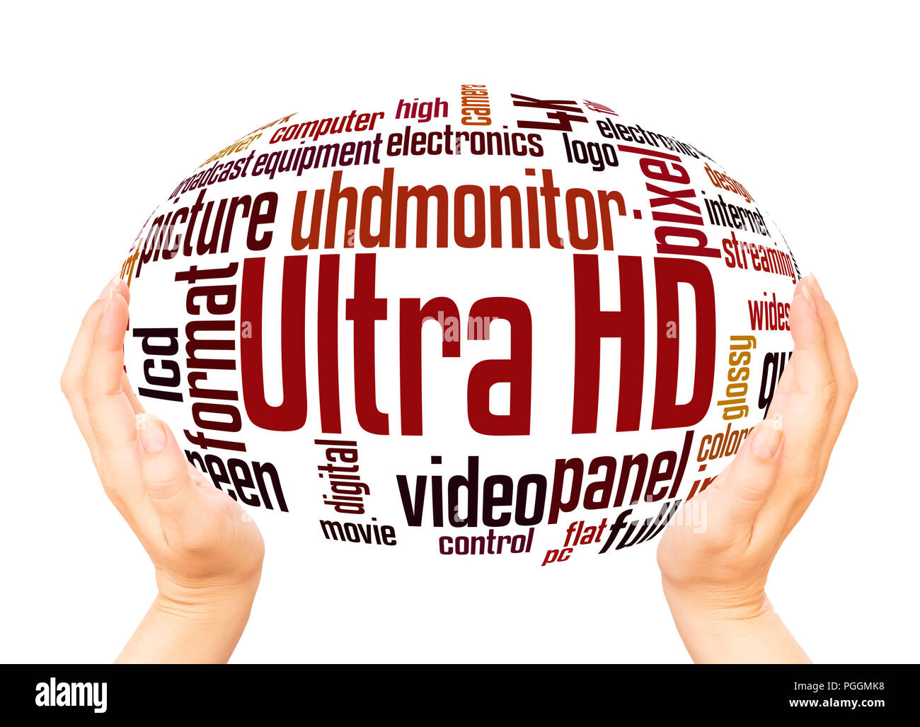 Ultra HD word cloud hand sphere concept on white background. Stock Photo