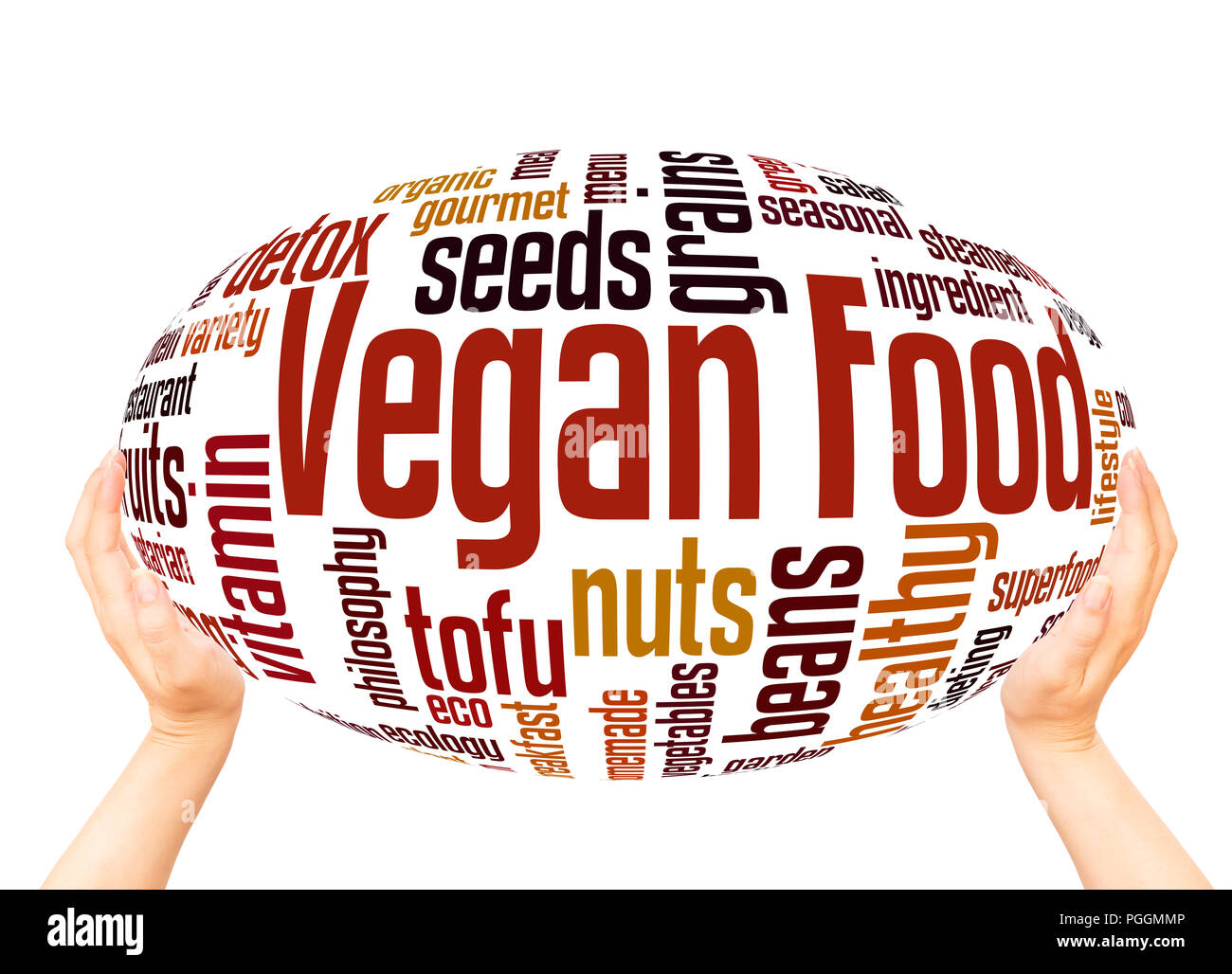 Vegan food word cloud sphere concept on white background Stock Photo