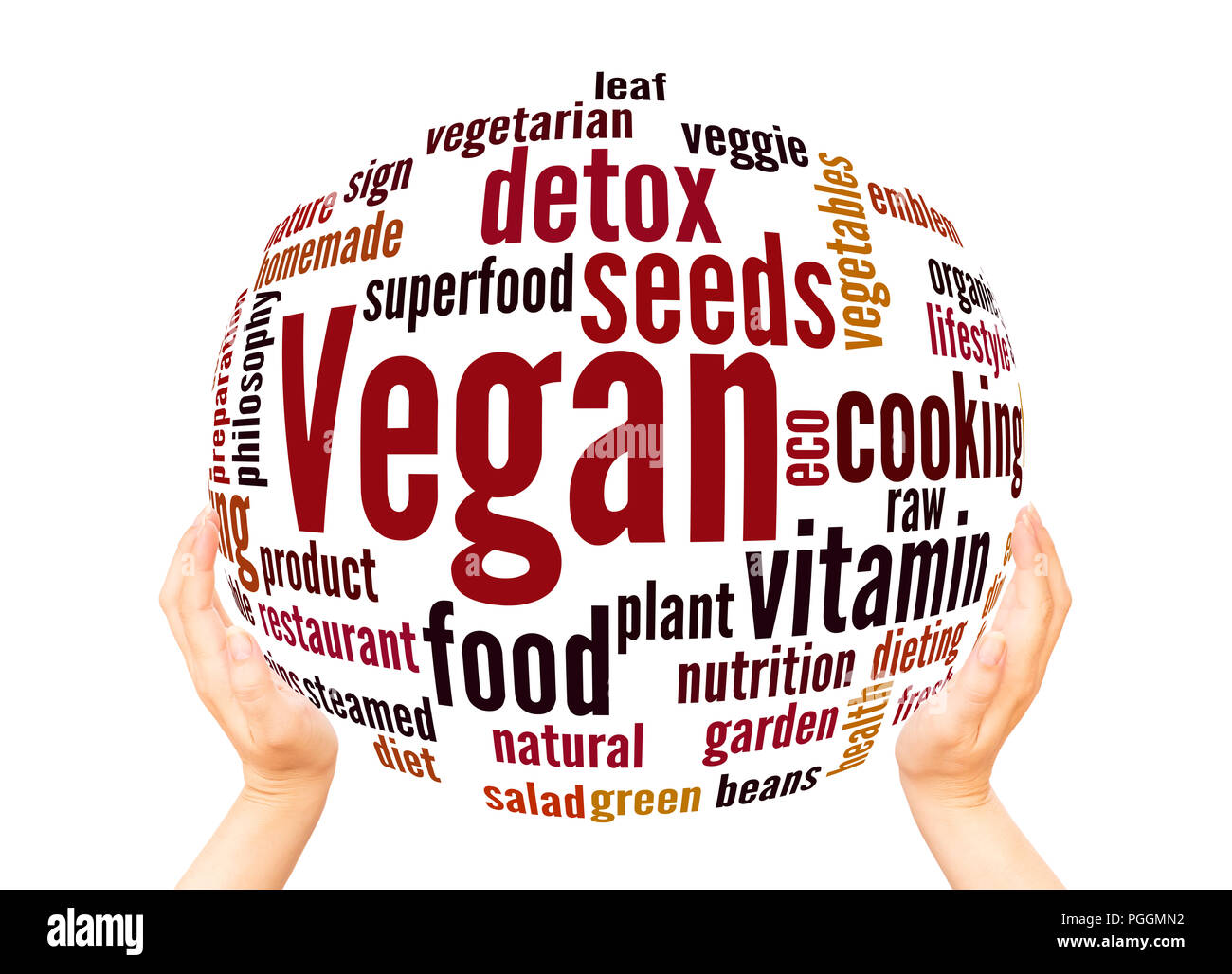 Vegan word cloud sphere concept on white background. Stock Photo