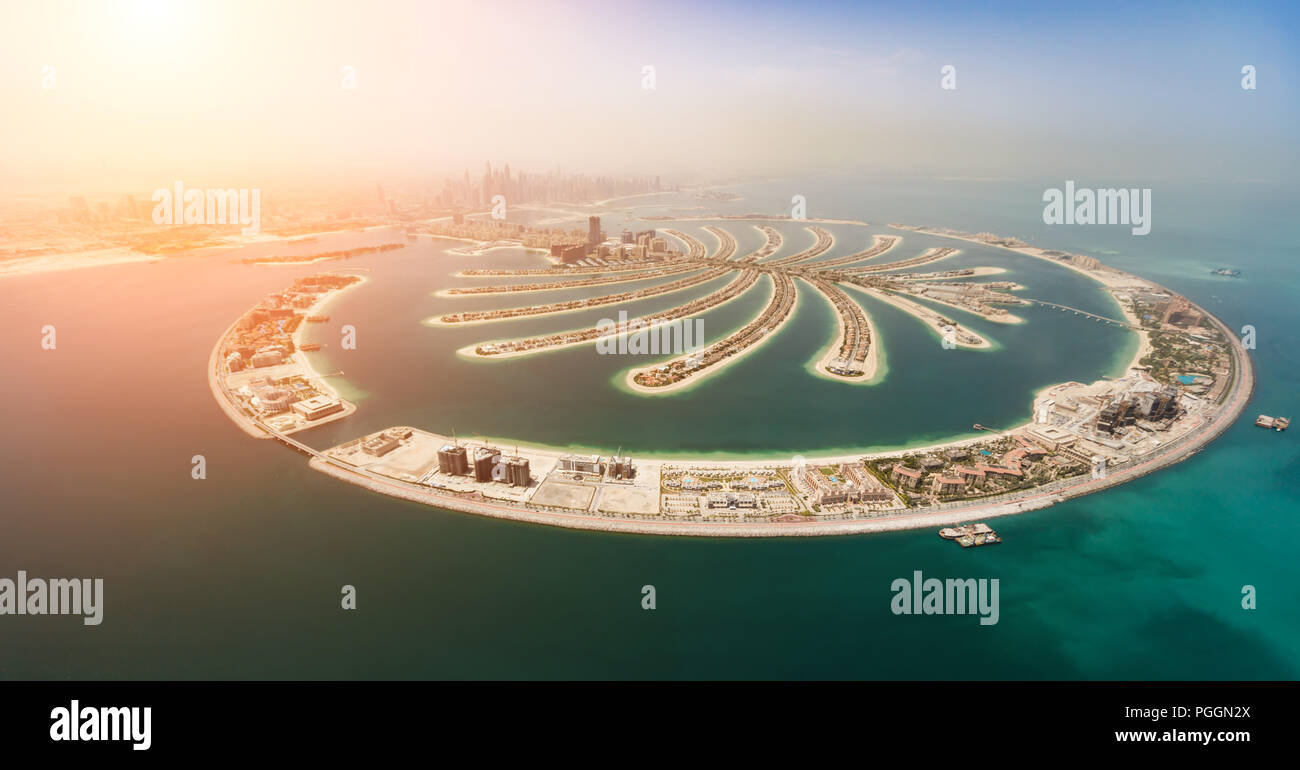 Aerial view of artificial palm island in Dubai. Panoramic view Stock