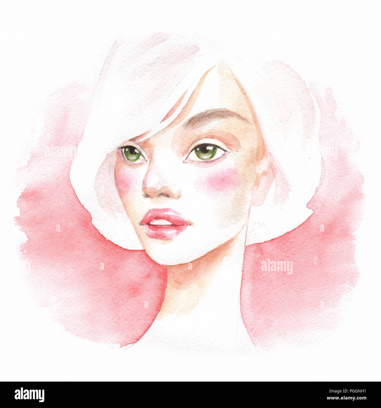 Beautiful blonde girl. Watercolor portrait Female face Stock Photo