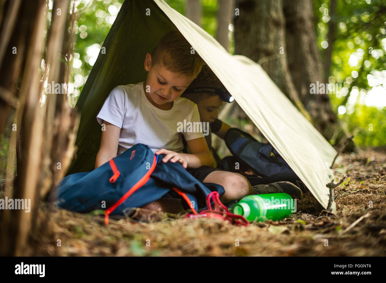 Boys camping in shelter Stock Photo Alamy
