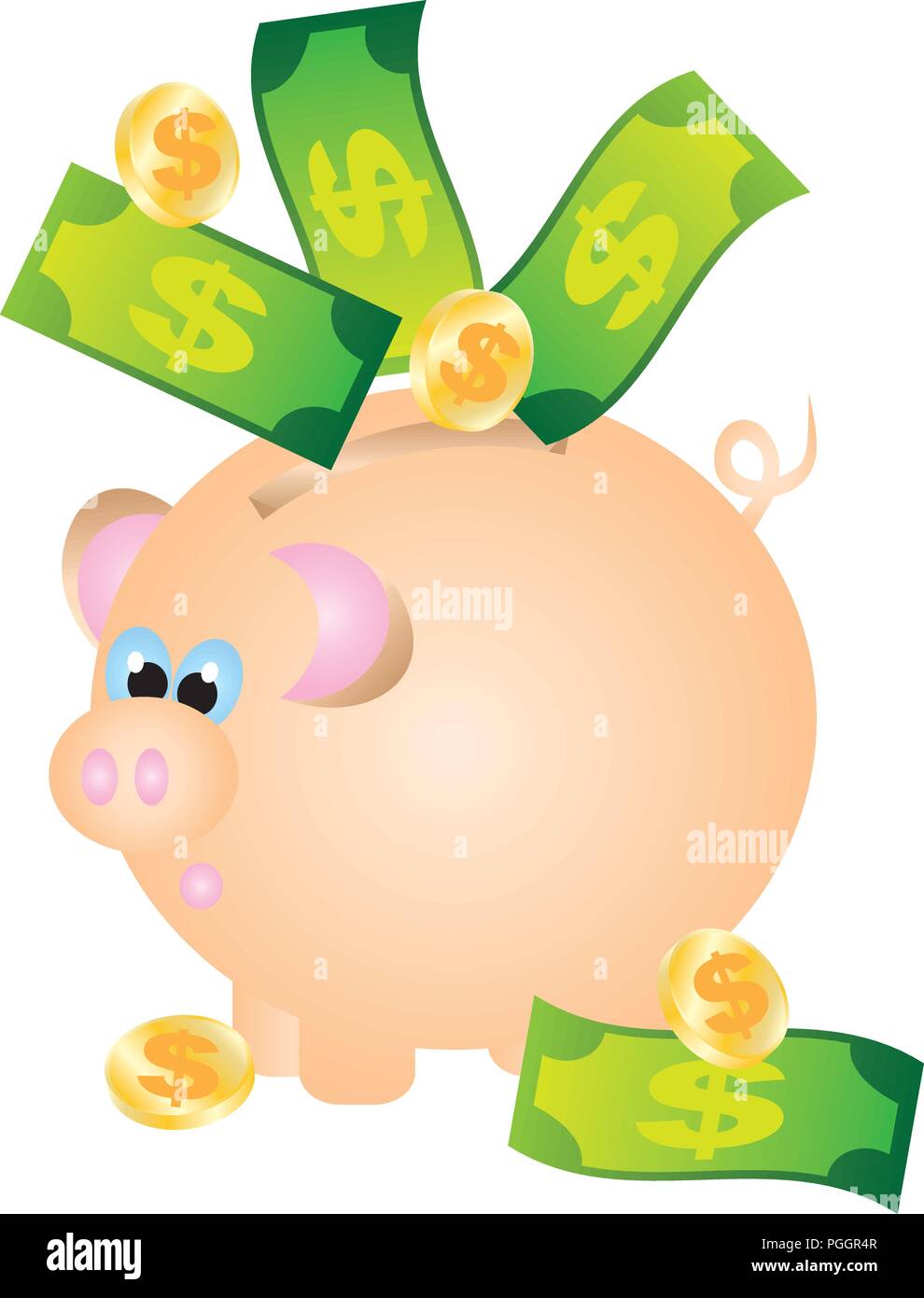 Savings with Piggy Bank Cash Bills Notes Currency Coins Color Illustration Stock Vector