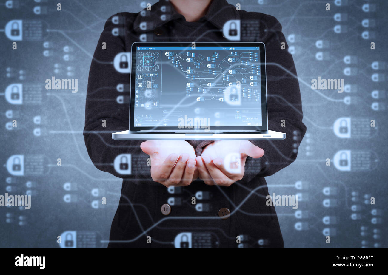 Blockchain technology concept with diagram of chain and encrypted ...