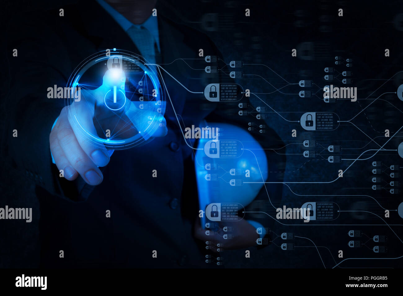 Blockchain technology concept with diagram of chain and encrypted blocks.engineer pushing start button on touch screen computer interface Stock Photo