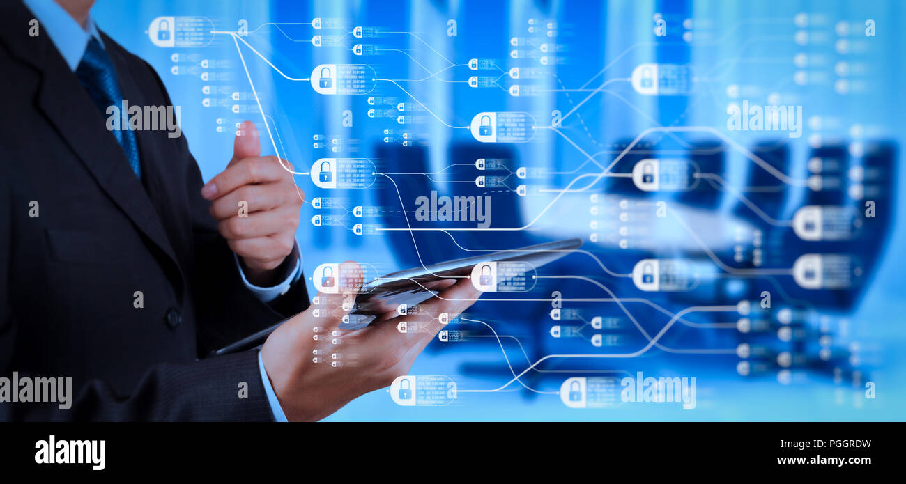 Blockchain technology concept with diagram of chain and encrypted  blocks.businessman working with digital tablet computer and server room  Stock Photo - Alamy