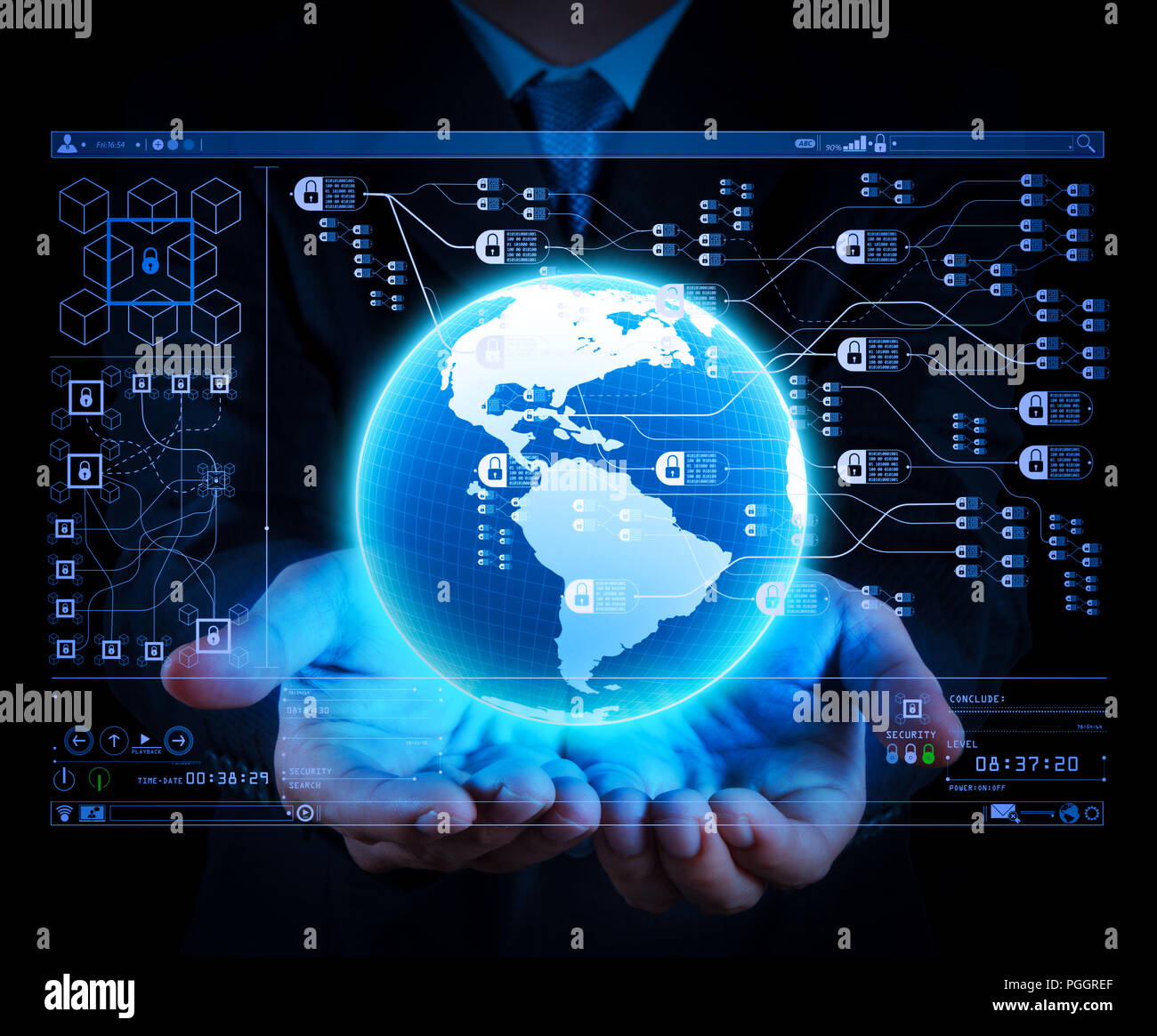 Blockchain technology concept with diagram of chain and encrypted blocks.businessman holding a glowing earth globe in his hands Stock Photo