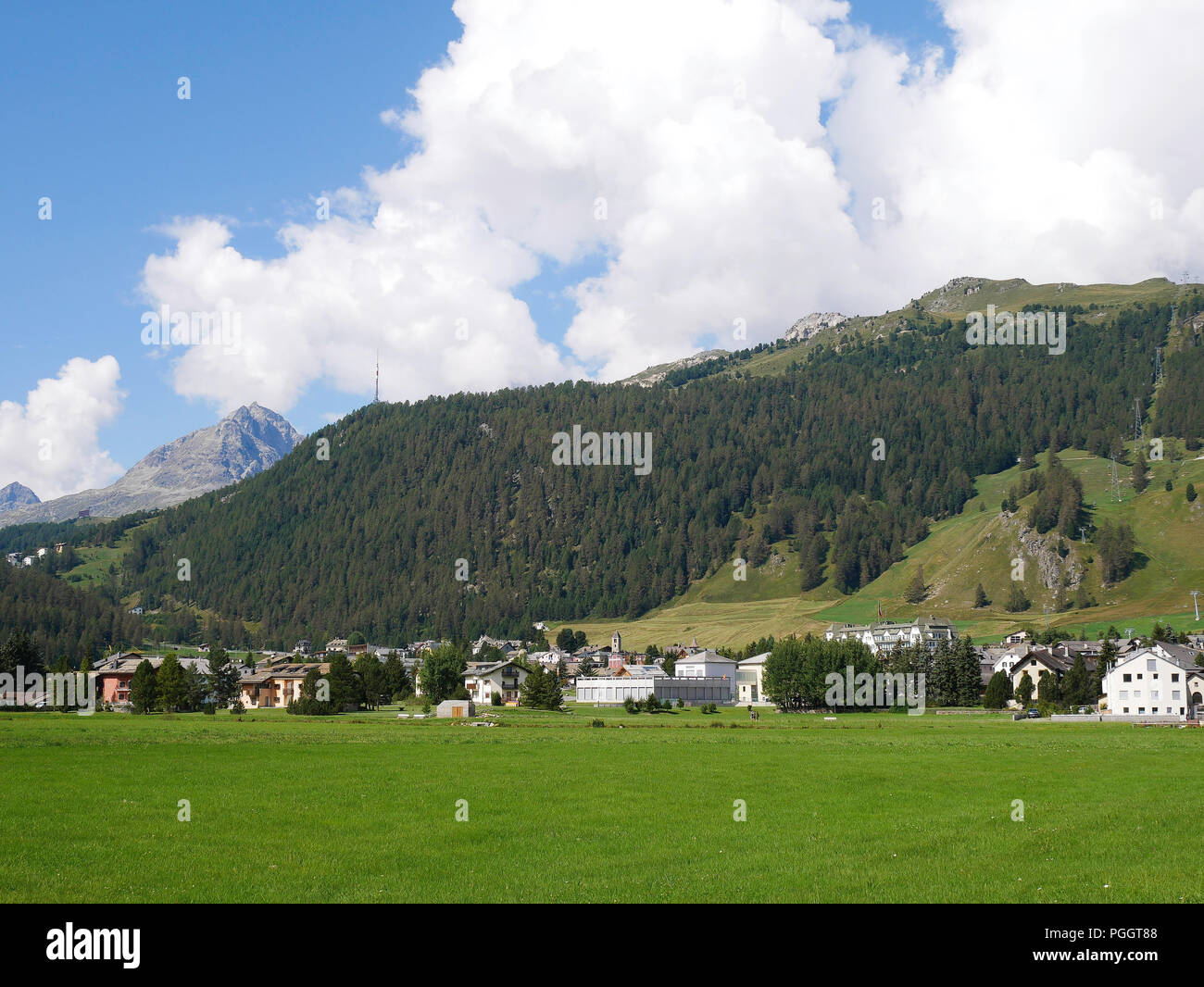 View of the beautiful mountain village of Celerina Stock Photo