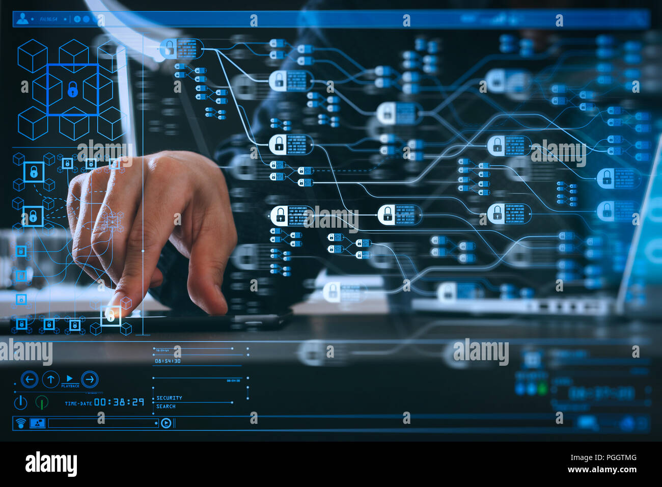 Blockchain technology concept with diagram of chain and encrypted ...