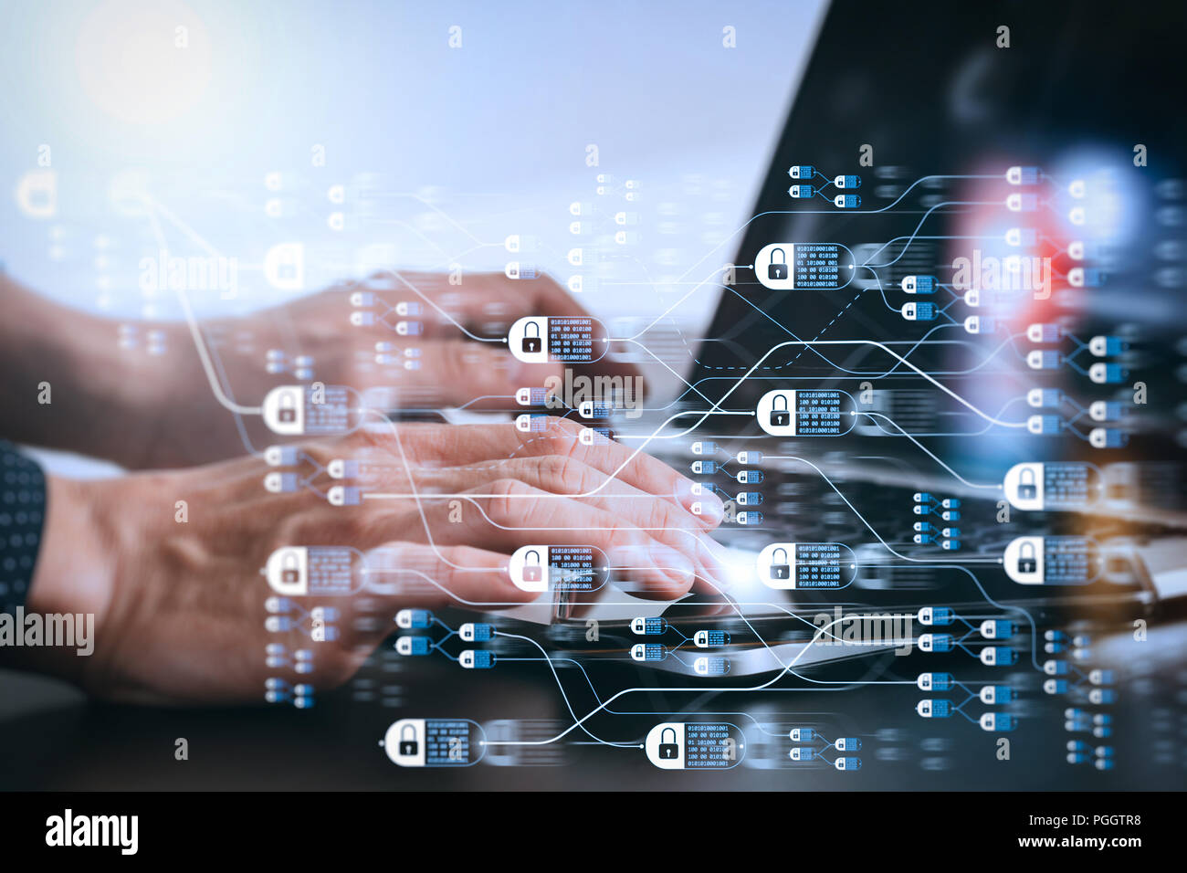 Blockchain technology concept with diagram of chain and encrypted ...