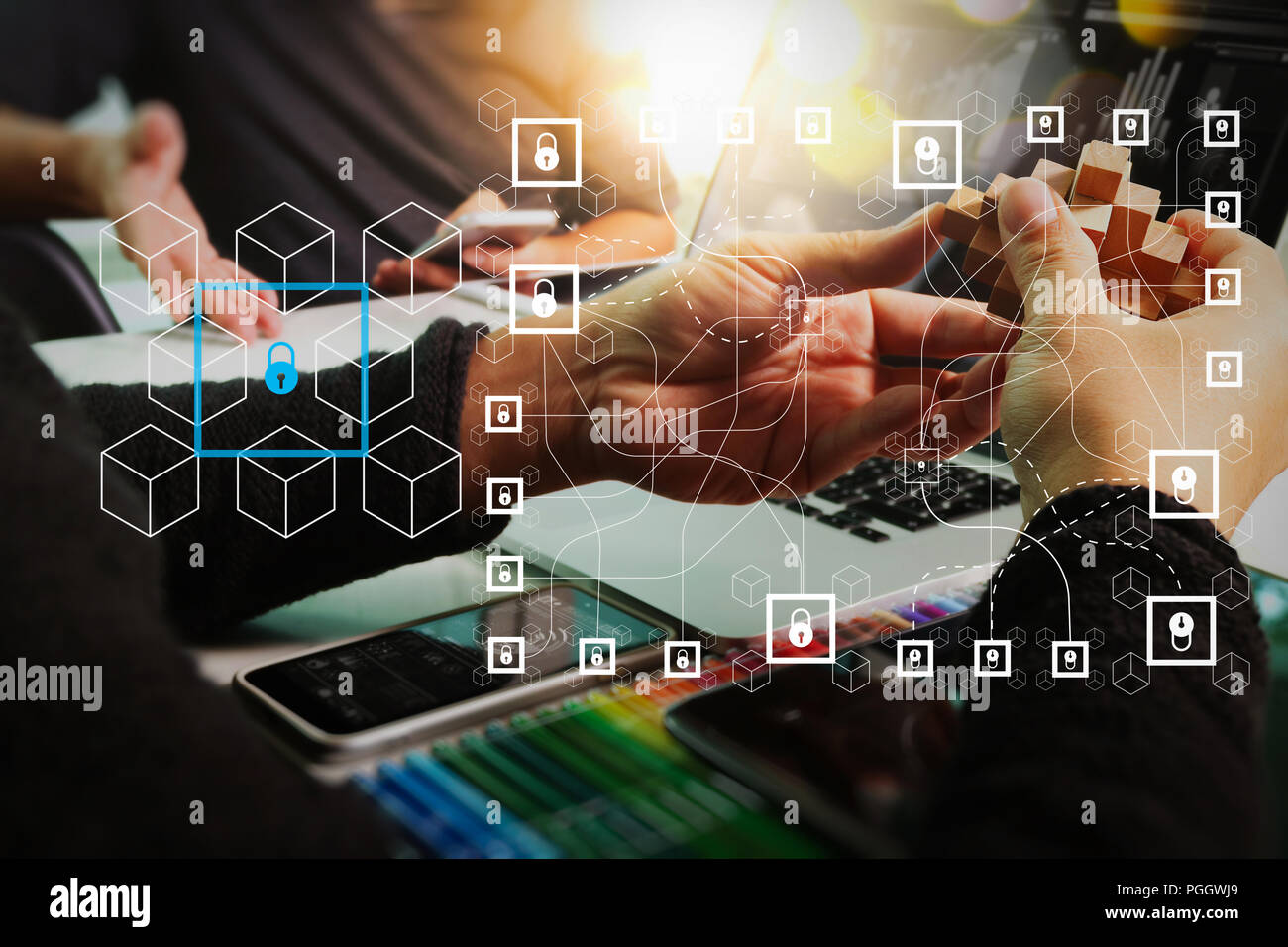 Blockchain technology concept with diagram of chain and encrypted ...