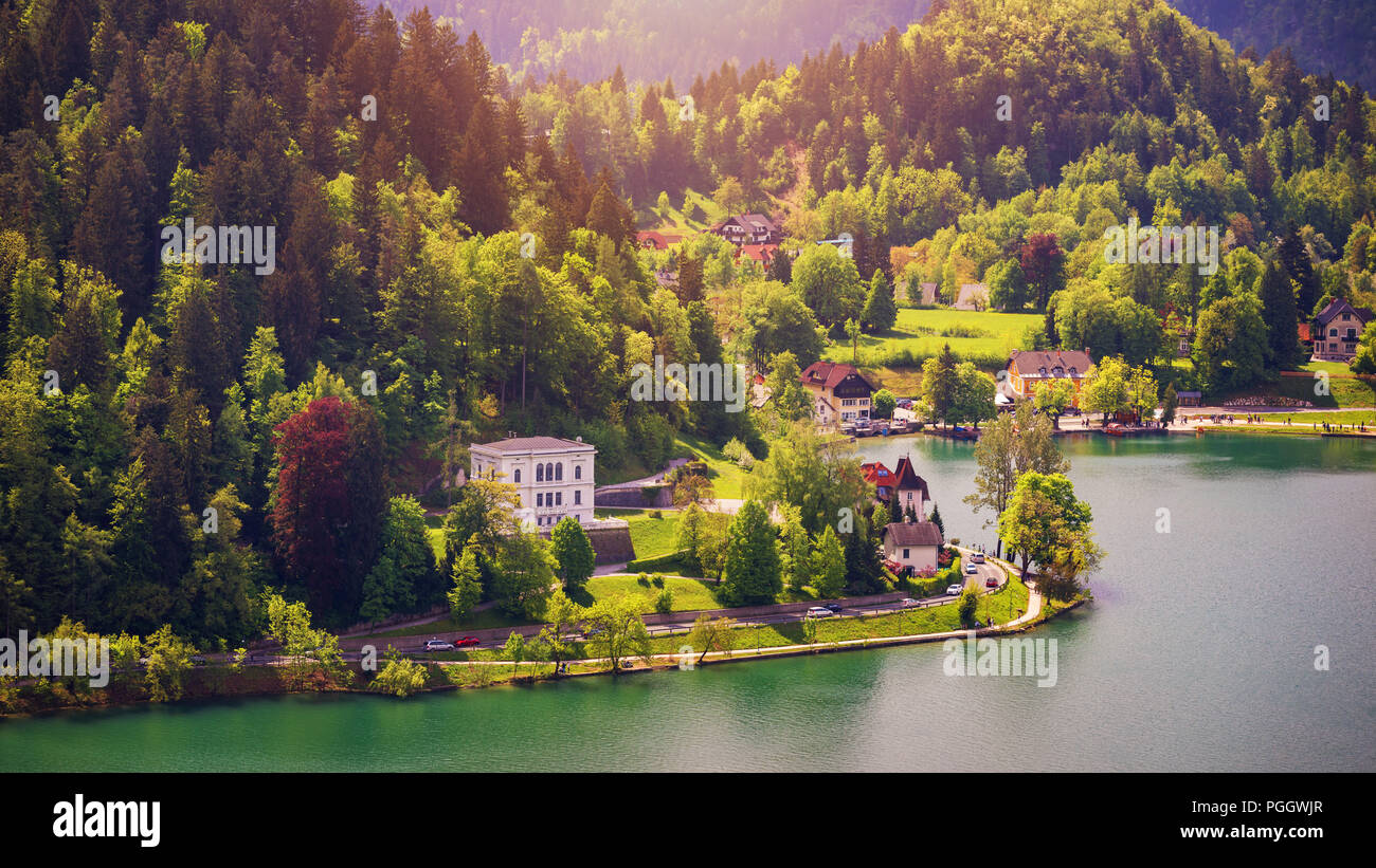 Lake Bled Slovenia. Beautiful mountain lake with beautiful houses on
