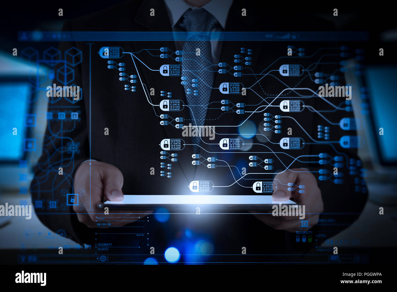 Blockchain technology concept with diagram of chain and encrypted ...
