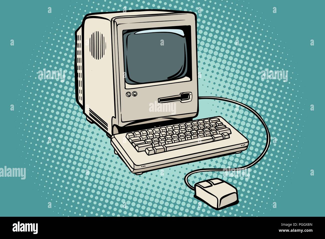 Retro computer monitor keyboard and mouse Stock Vector