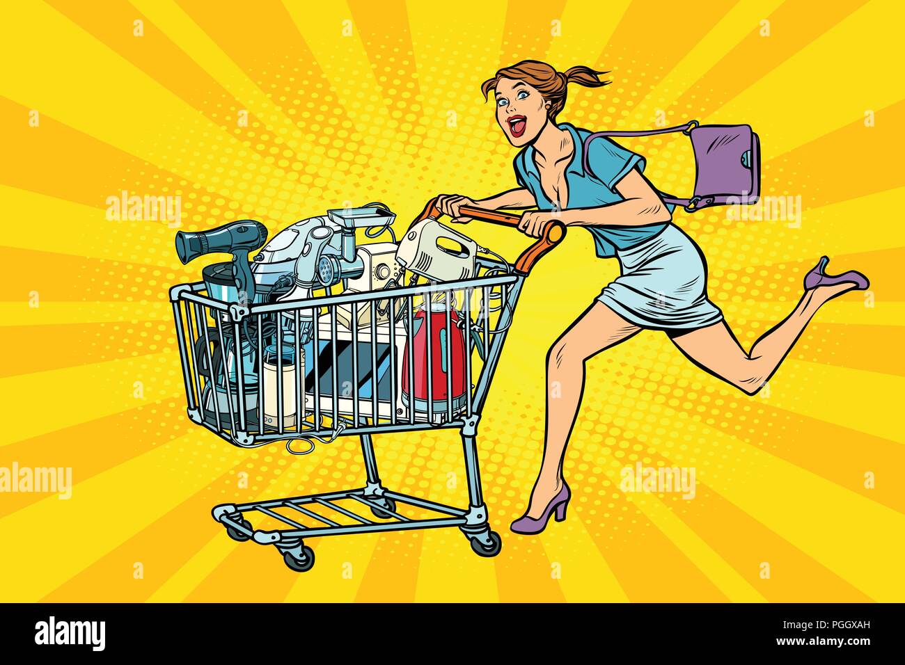 woman on sale of home appliances. shopping cart shop trolley Stock Vector