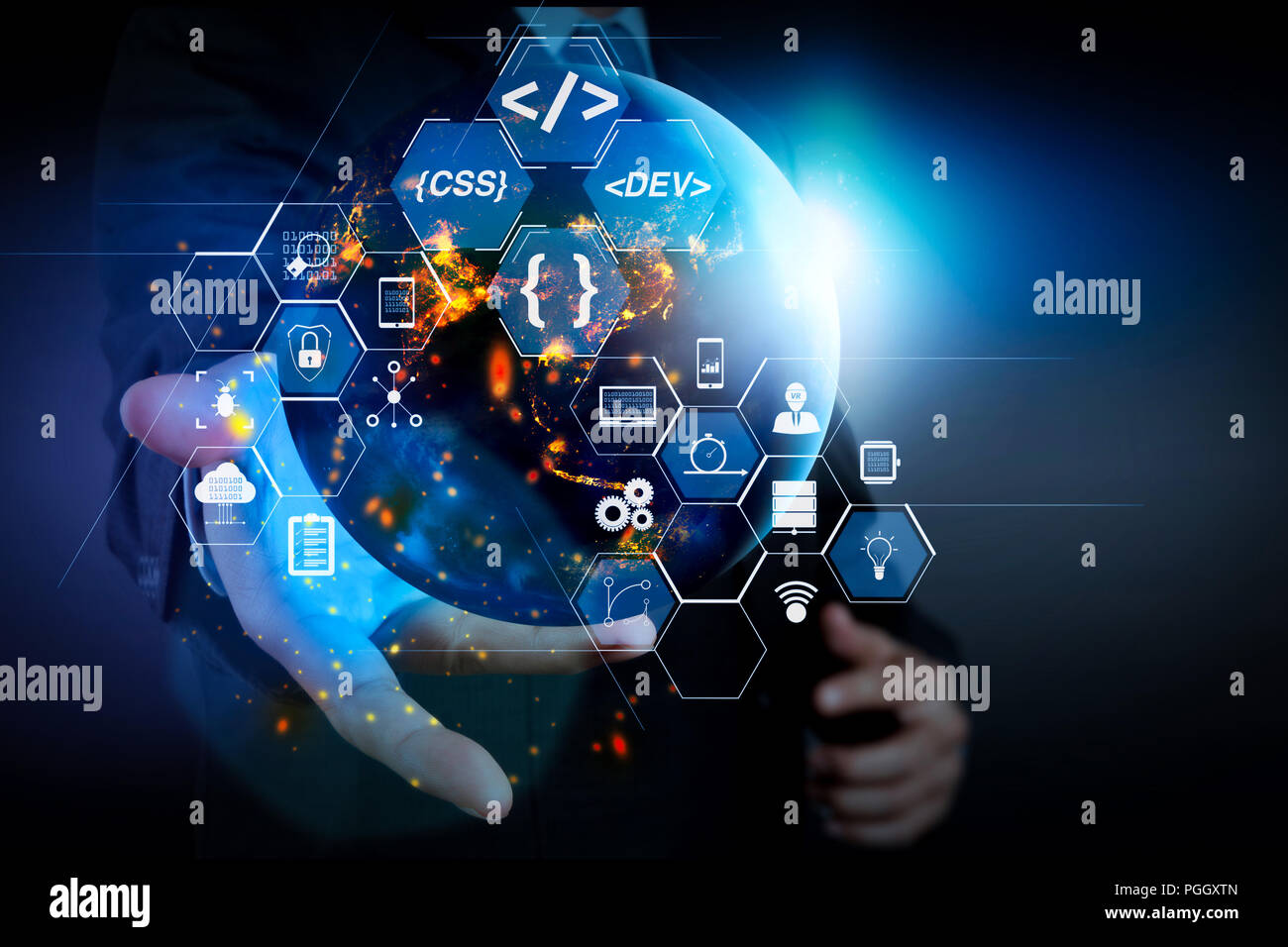 Coding software developer work with augmented reality dashboard ...