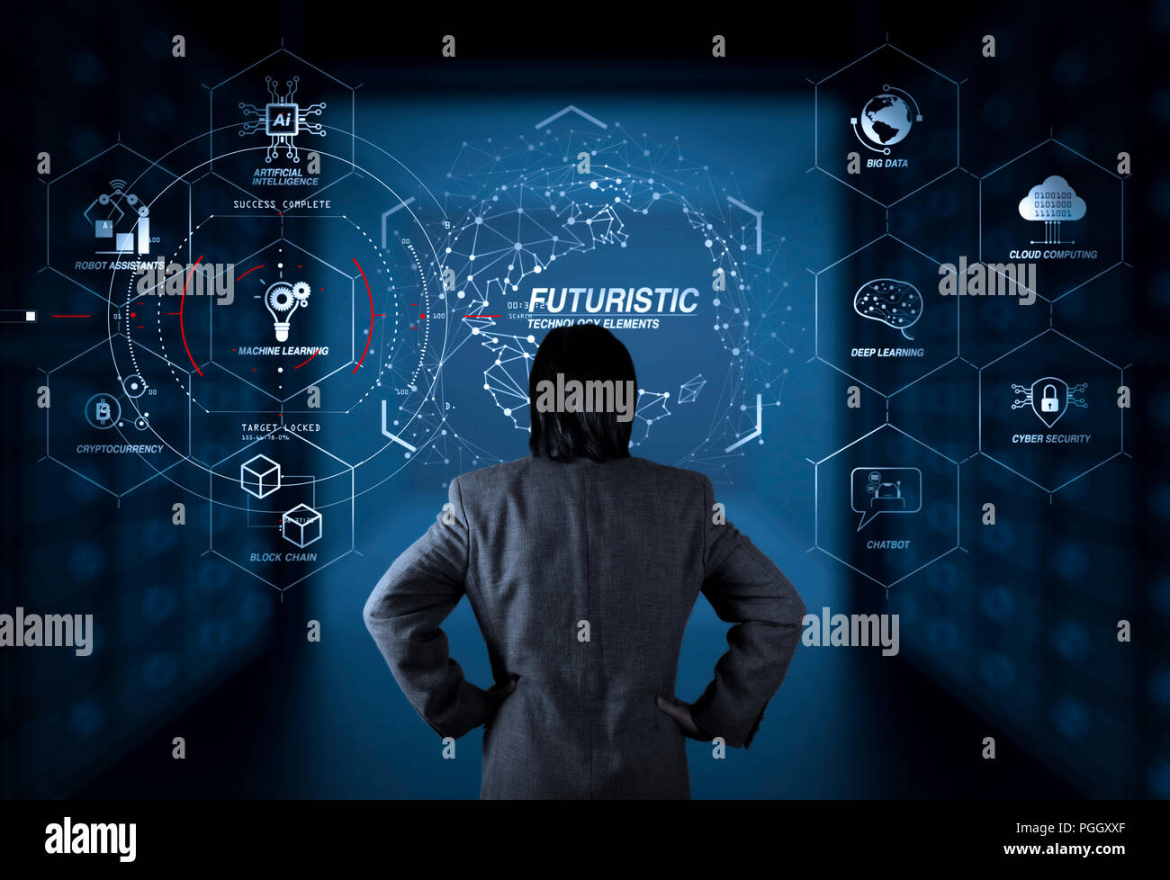 Futuristic in Industry 4.0 and business virtual diagram with Ai, robot  assistant, Cloud, big data and automation. businessman working with new  modern Stock Photo - Alamy