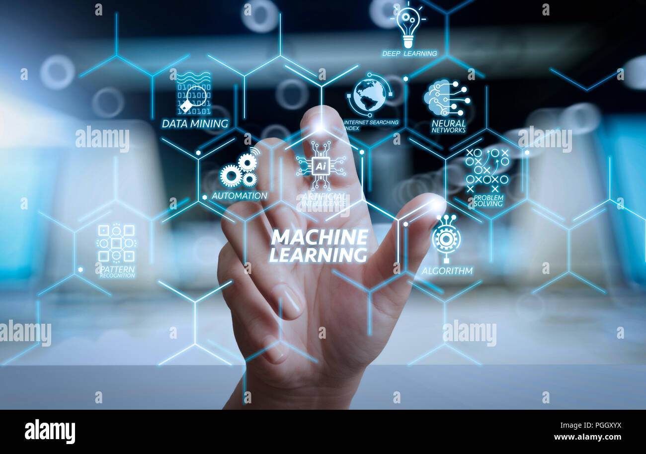 Machine learning technology diagram with artificial intelligence (AI),neural network,automation,data mining in VR screen.business product presentation Stock Photo