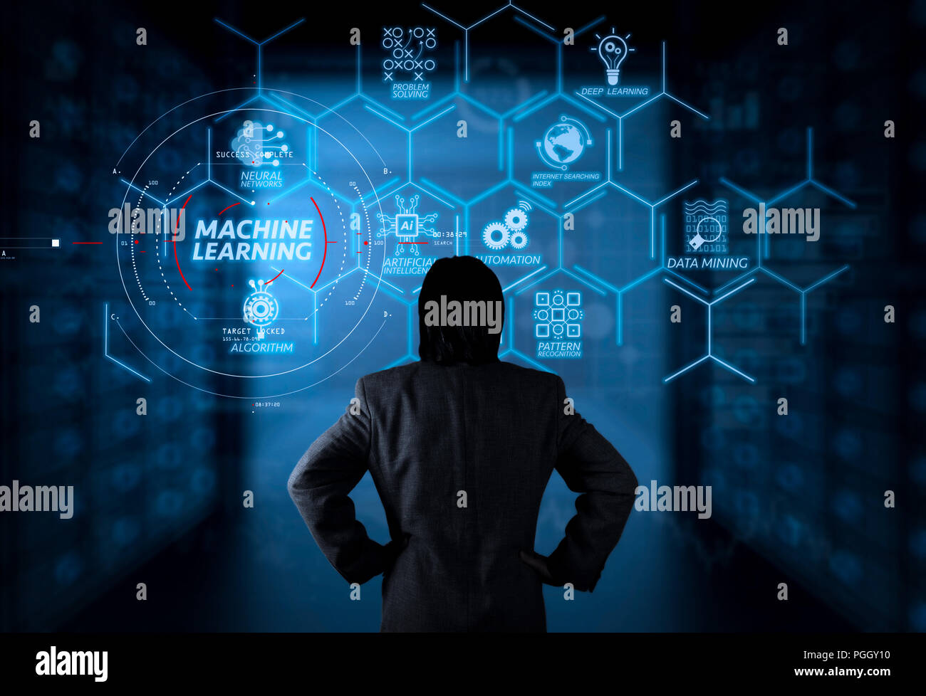 Machine learning technology diagram with artificial intelligence (AI),neural network,automation,data mining in VR screen.businessman working with comp Stock Photo