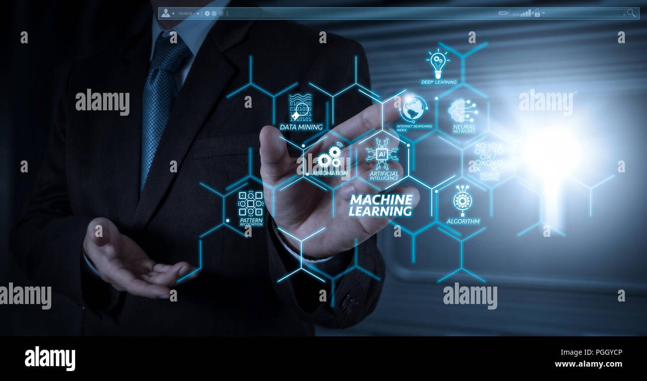 Machine learning technology diagram with artificial intelligence (AI),neural network,automation,data mining in VR screen.businessman hand working with Stock Photo