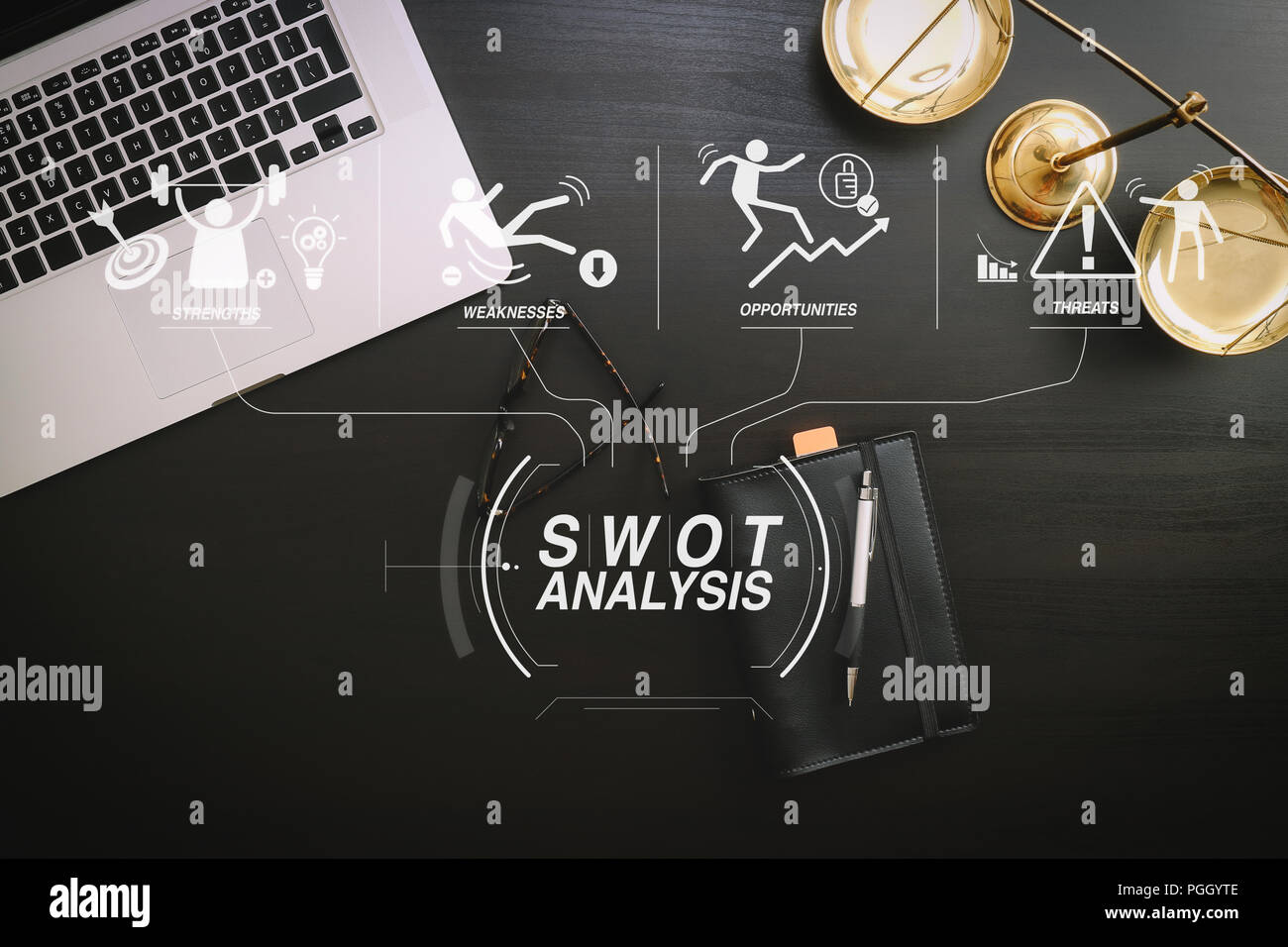 SWOT Analysis virtual diagram with Strengths, weaknesses, threats and opportunities of company.justice and law concept.Lawyer workplace with laptop an Stock Photo