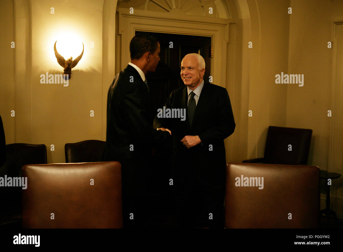 Senators and Presidential Candidates Barack Obama and John McCain arrive at the White House for the meeting with Bicameral and Bipartisan Members of Congress regarding the current economic crisis. Stock Photo