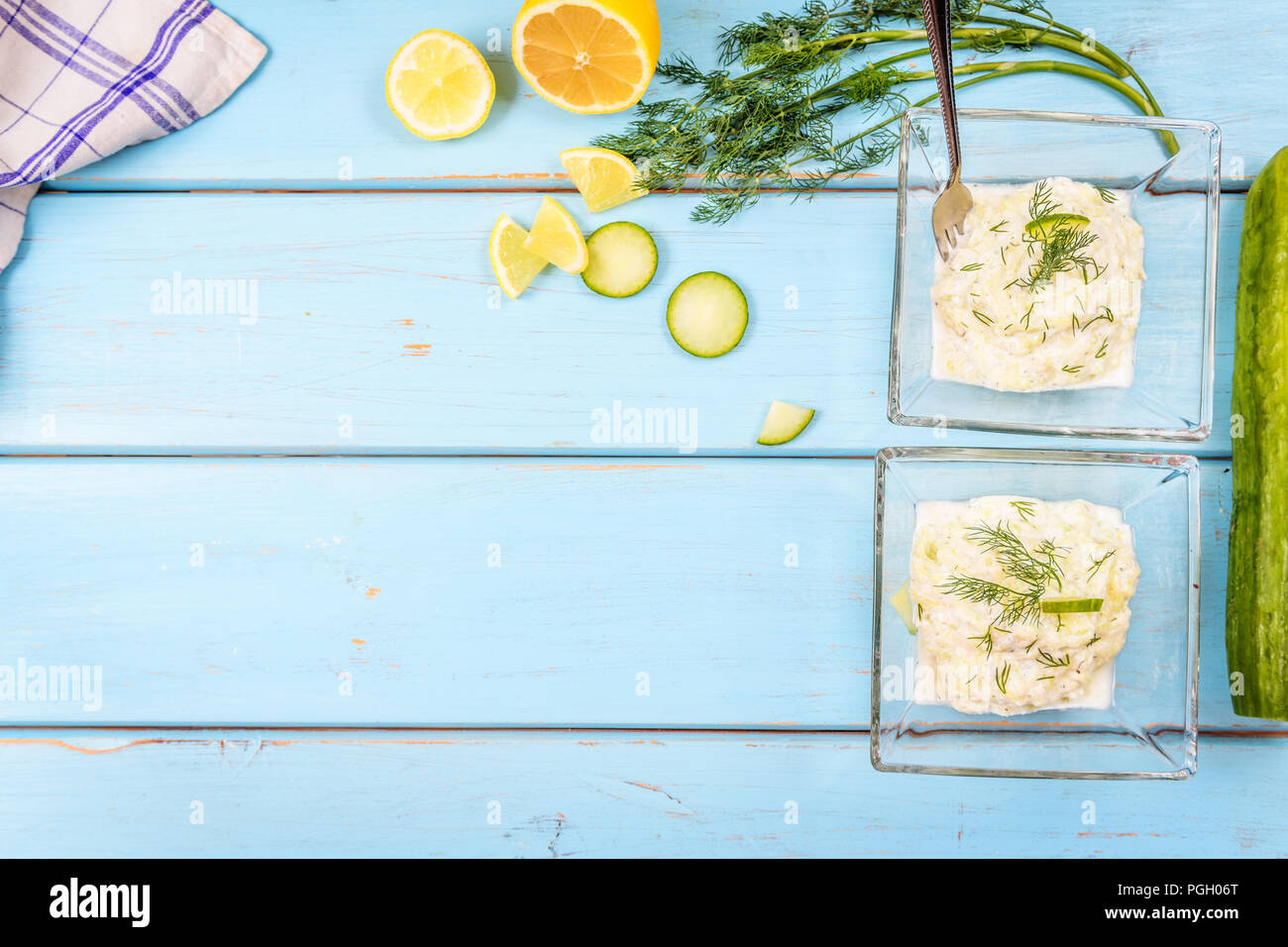 Traditional greek food tzatziki. Sauce from cucumber, garlic, dill and