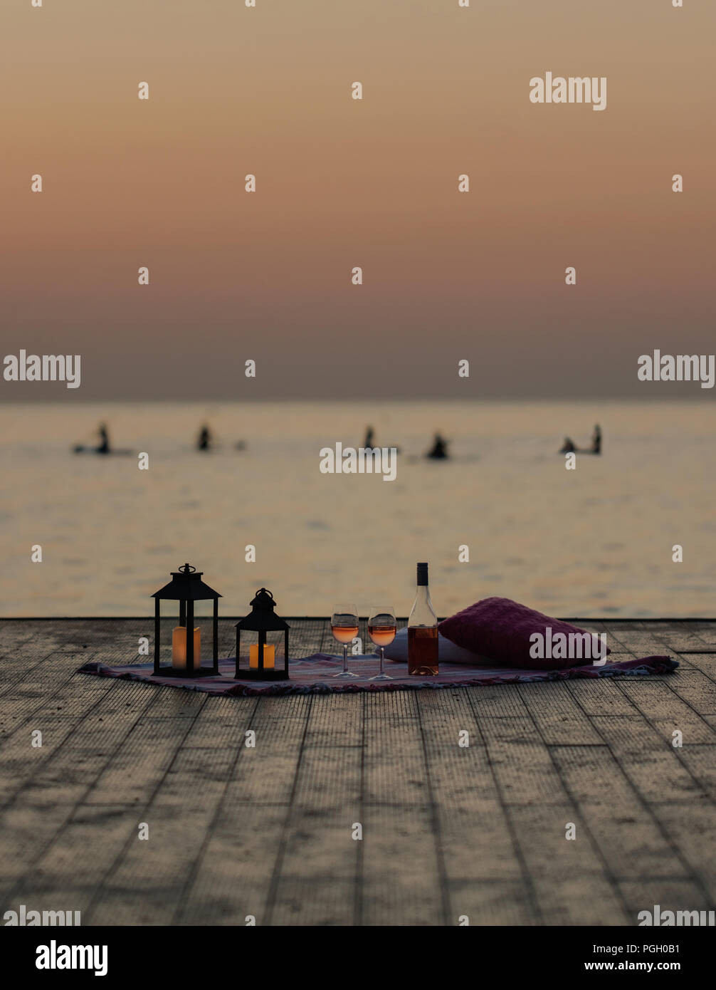 Summer Sea Sunset Romantic Picnic On The Beach Bottle Of Wine