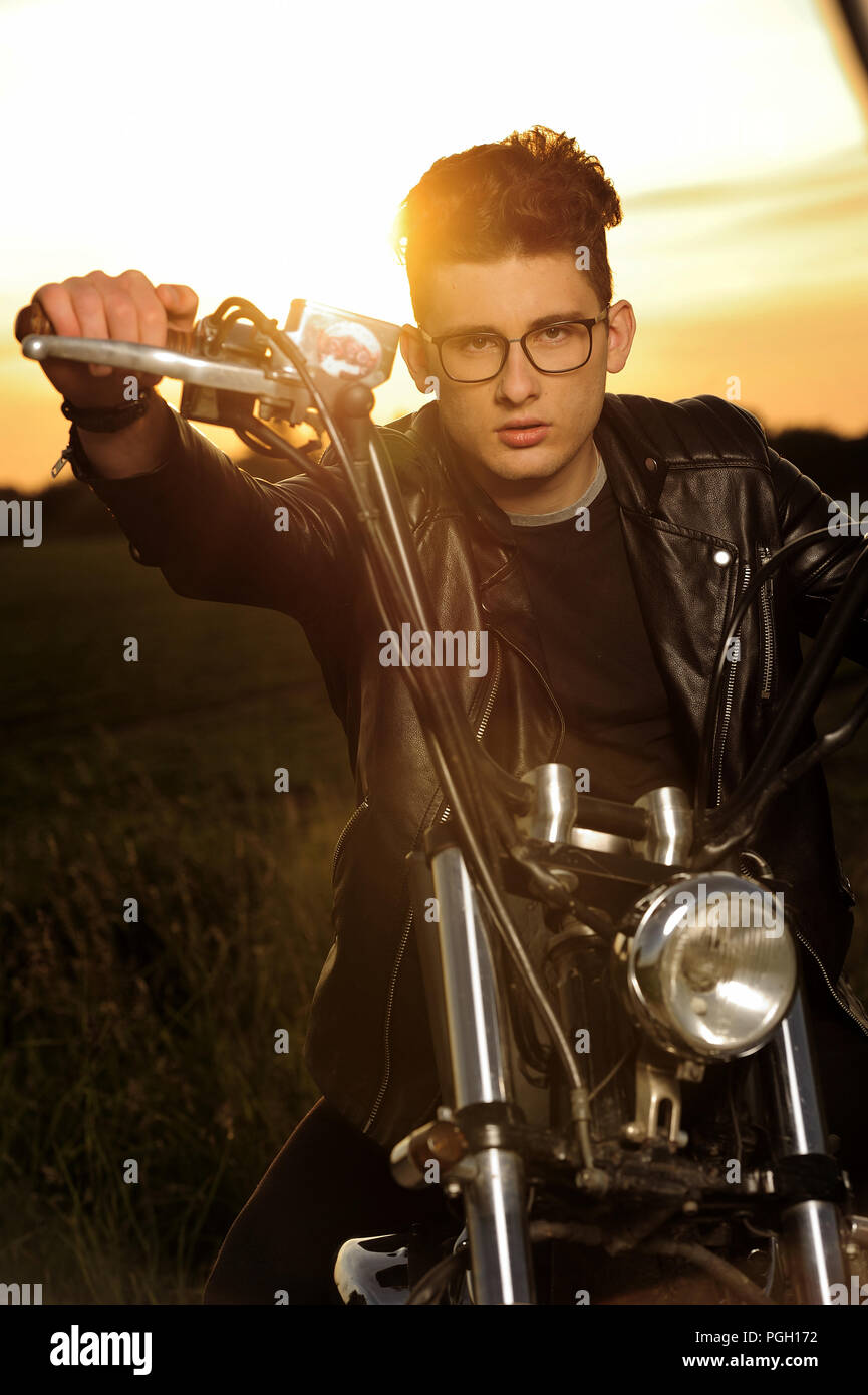 motorcyclist, repair, classic, hands, key, vehicle, legs, part, jeans, lifestyle, workshop, work, waiting, man, road, on the way, service, Stock Photo