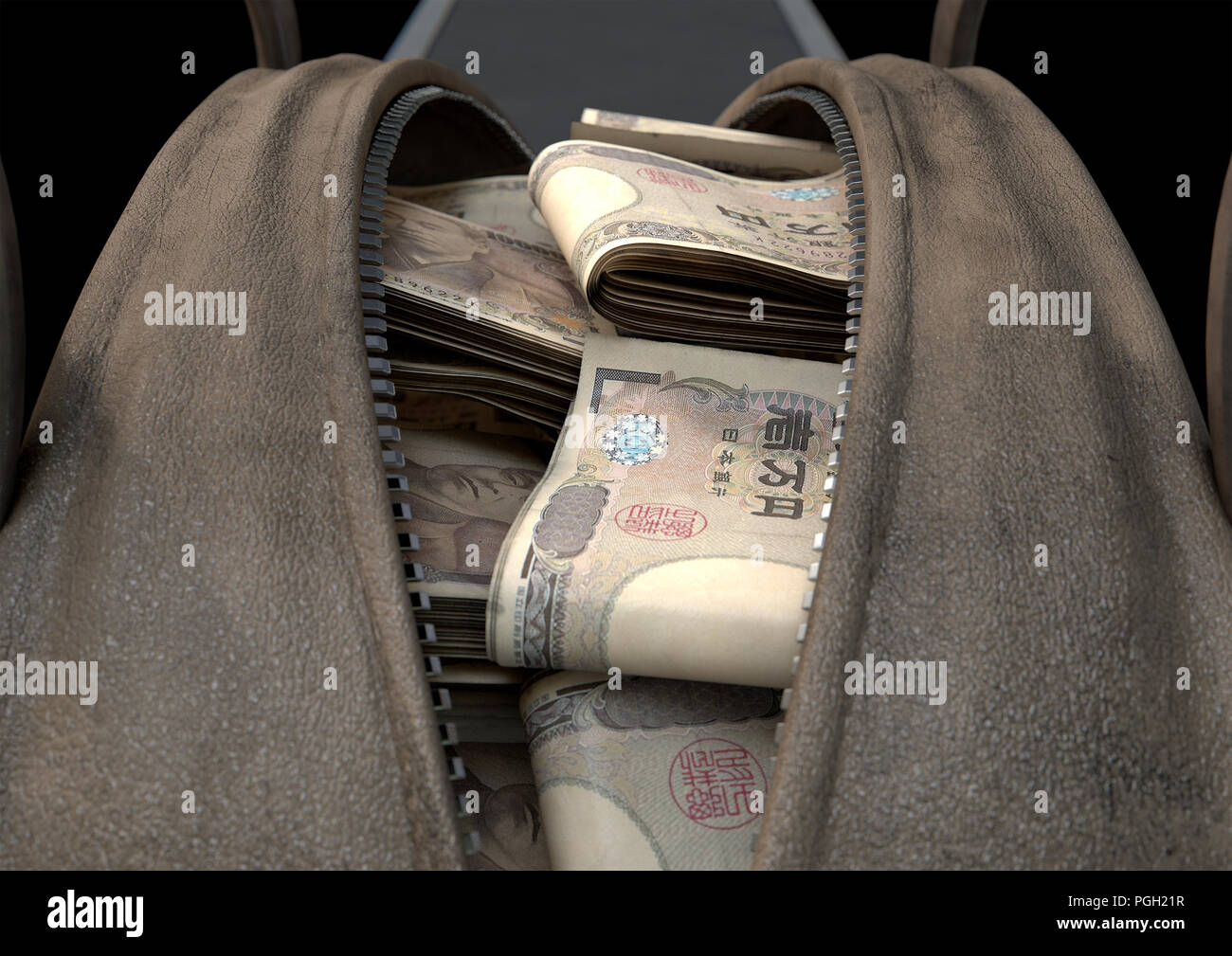 A smuggling concept depicting an open brown leather duffel bag revealing bundles of illicit rolled japanese yen notes - 3D render Stock Photo