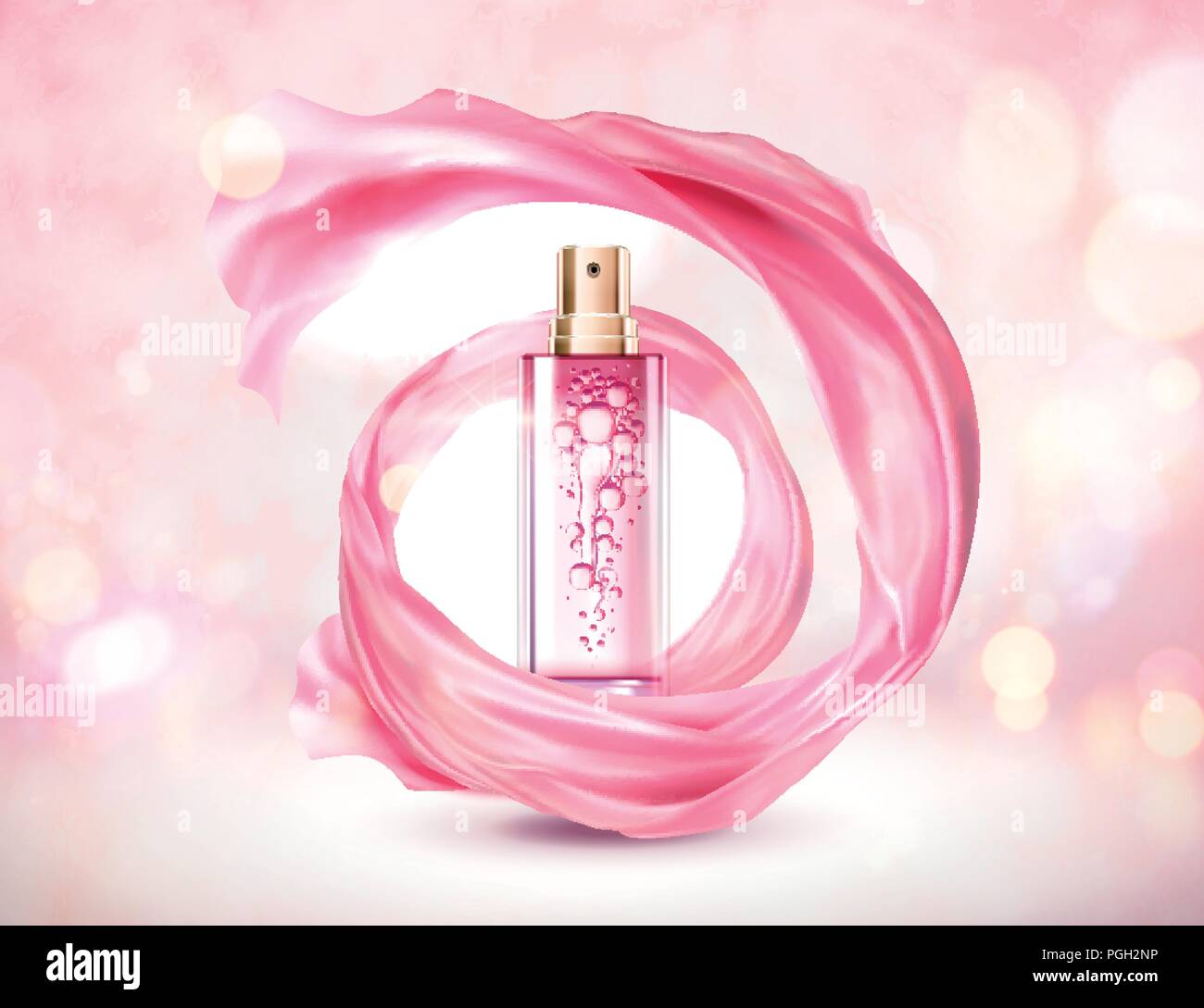 Cosmetic pink spray bottle with swirling chiffon on sparkling background Stock Vector