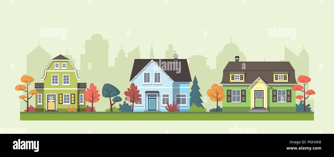 Three classic houses in the suburb with trees Stock Vector