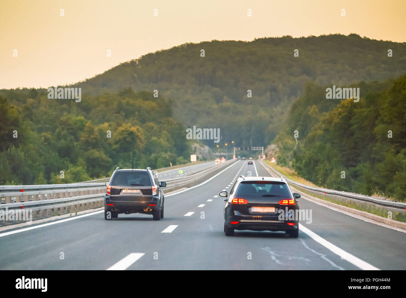 Car driving on the highway from Rijeka to Zagreb with Gorski Kotar