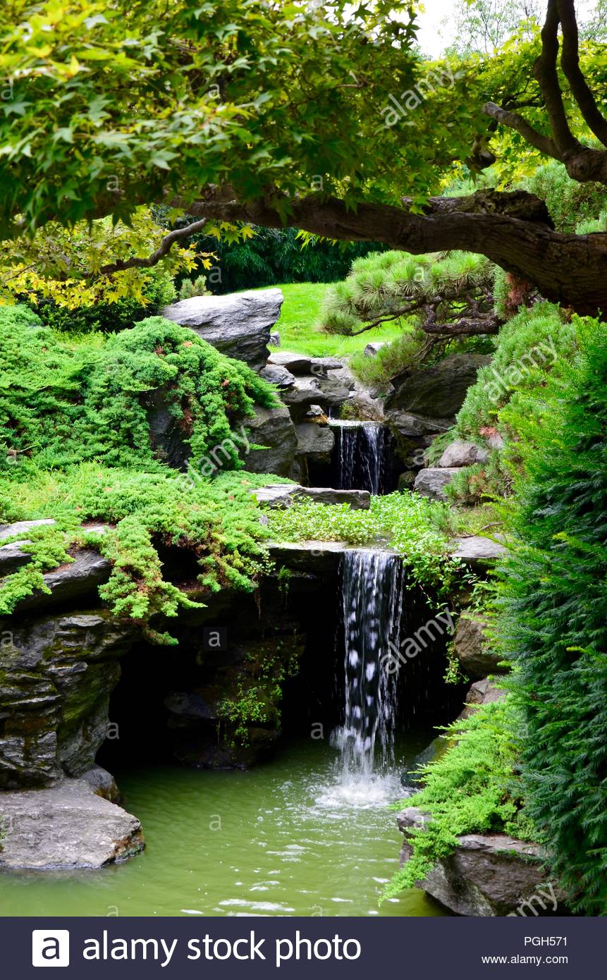 Brooklyn Botanic Garden Waterfall New York City Green Stones Leisure Plants Trees Vacation Sightseeing Diversity Water Sunny August Stock Photo Alamy