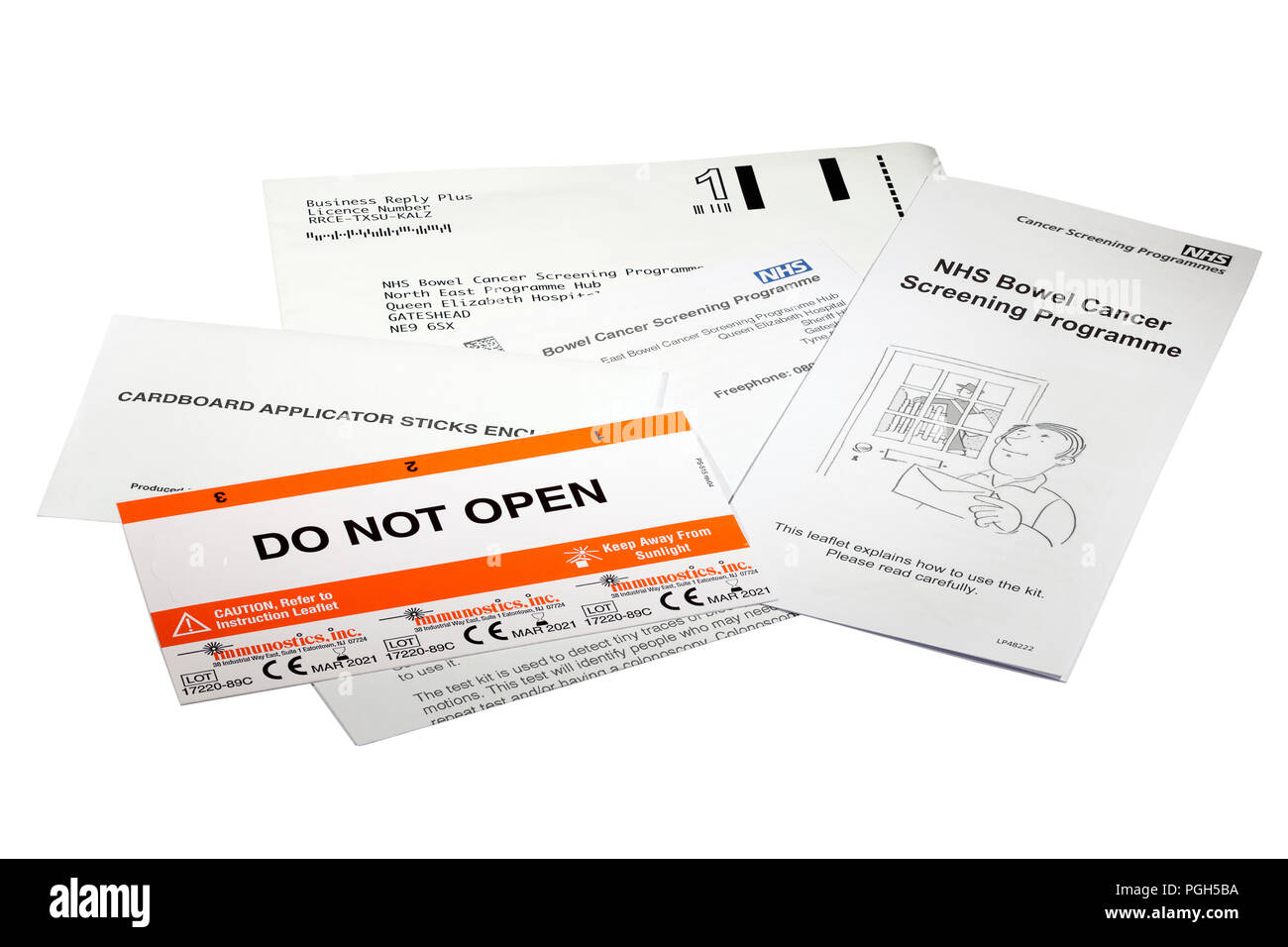 immunostics.inc. hema-screen slide for faecal occult blood bowel cancer screening stool sample card sent out by the NHS every two years to over 60 Stock Photo