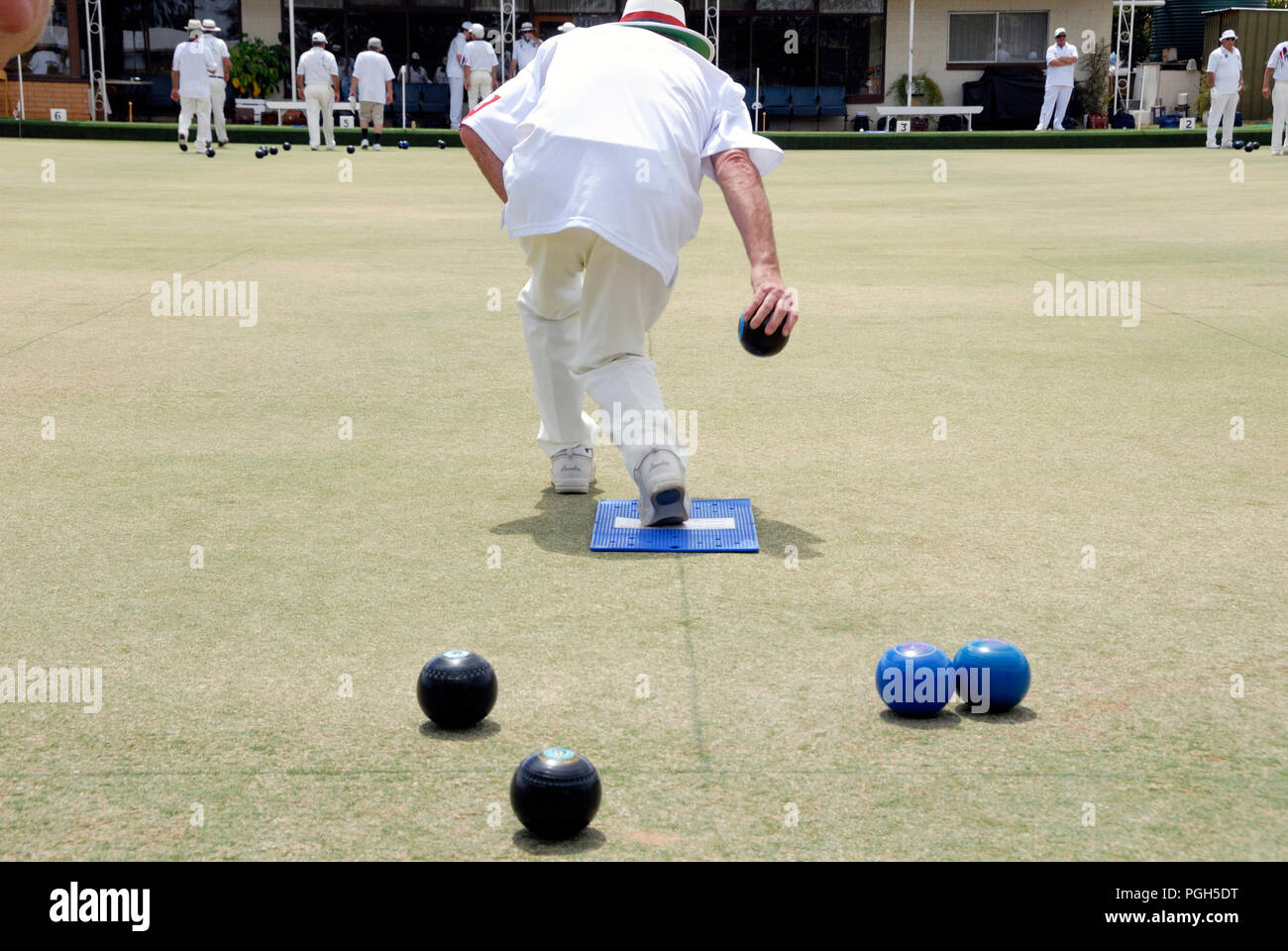 WUDINNA, AUSTRALIA-  FEBRUARY 02, 2018: People playing bowls on a bowling green in Australia Stock Photo