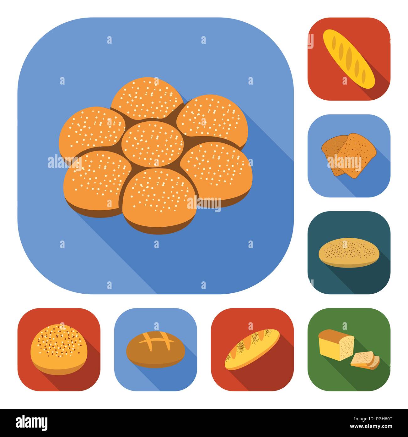 Types of bread flat icons in set collection for design. Bakery products