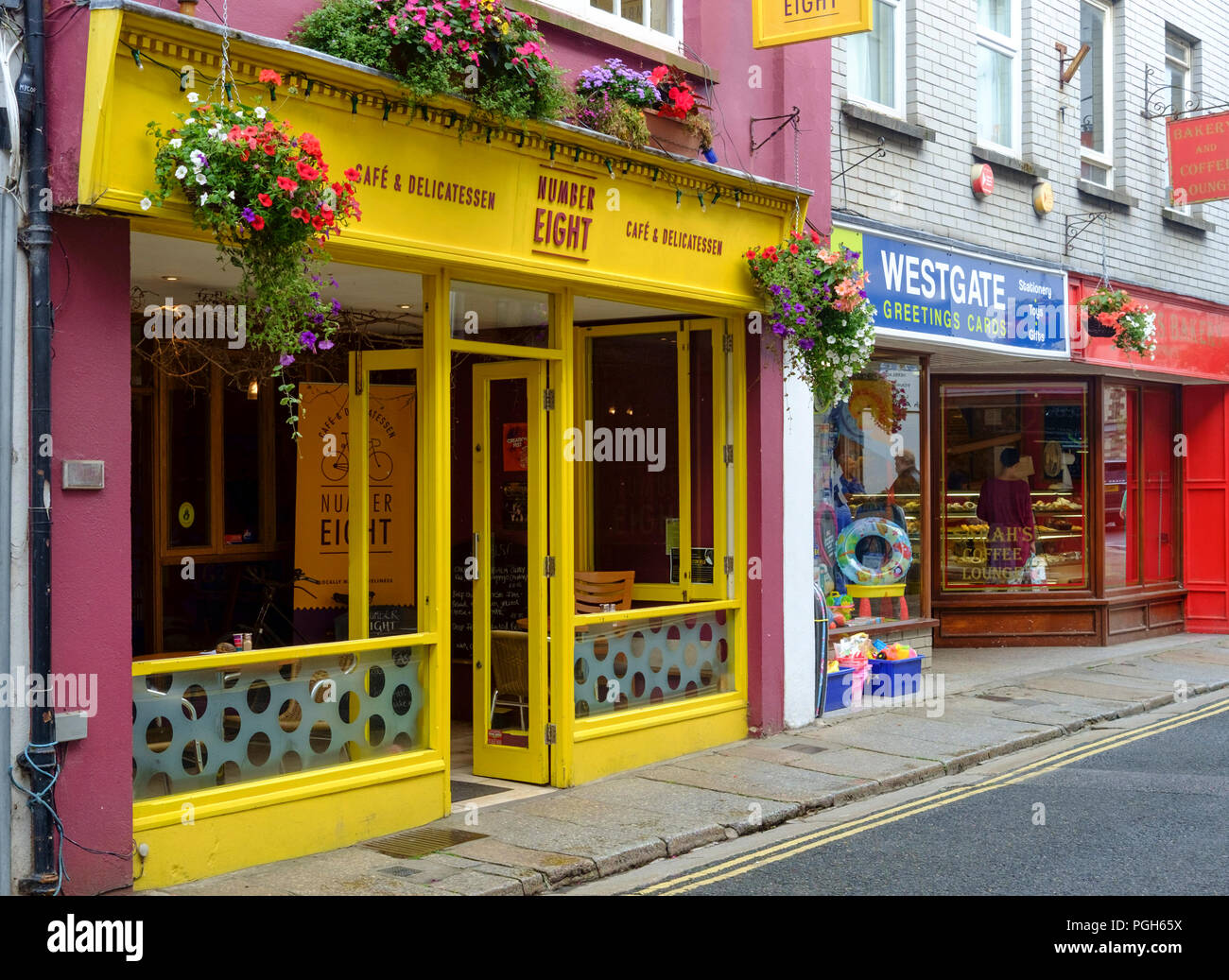 Launceston is a small town in cornwall on the A30. Launceston Cornwall england UK, Number 8 Cafe. Stock Photo