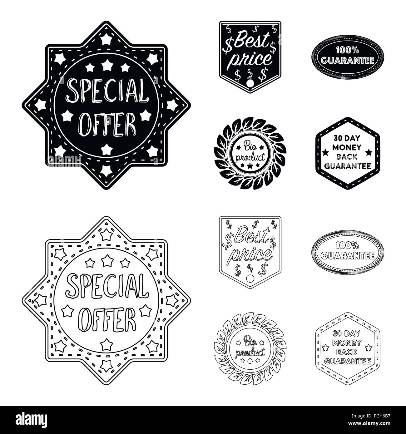 Special offer, best prise, guarantee, bio product.Label,set collection icons in black,outline style vector symbol stock illustration . Stock Vector