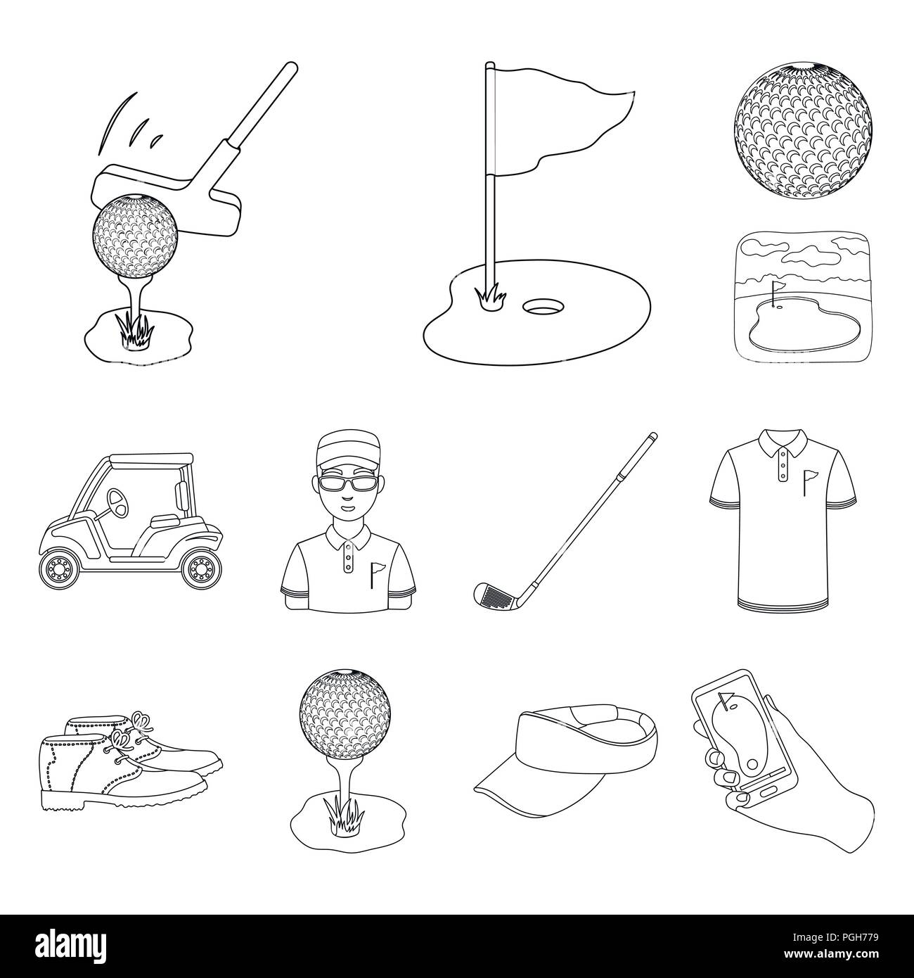 Golf and attributes outline icons in set collection for design.Golf ...