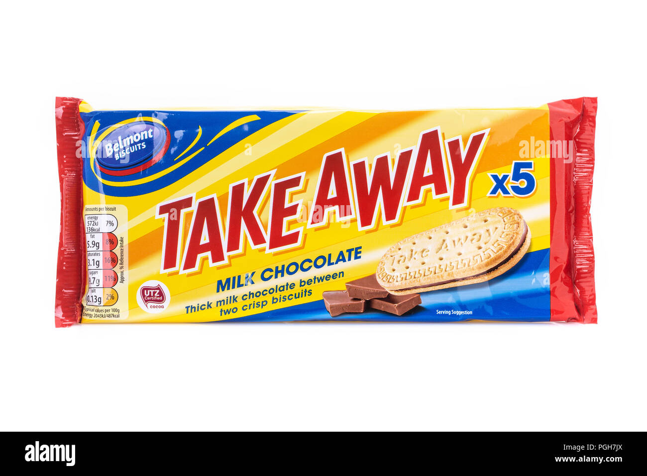 SWINDON, UK - AUGUST 19, 2018: Packet of Belmont Take Away Milk Chocolate Biscuits on a White Background. Stock Photo