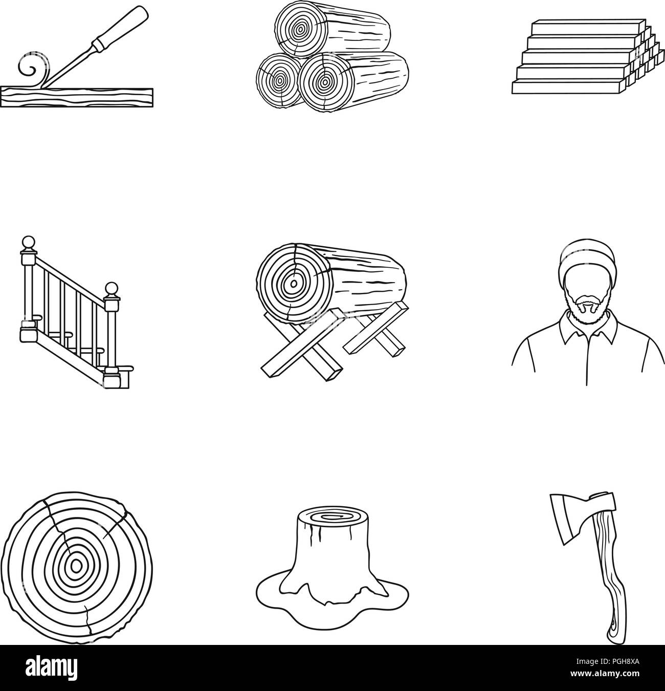 Sawmil and timber set icons in outline style. Big collection of sawmill and timber vector symbol stock Stock Vector